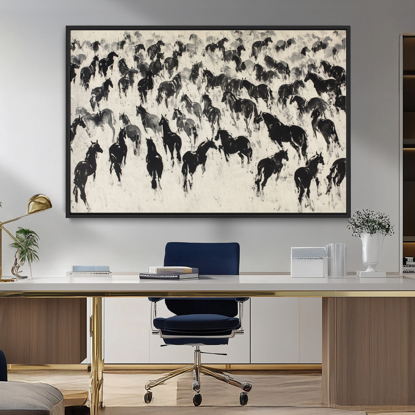 29265745-MGV-FC-36X24_Black-Wild Horse Herd Wall Art – Black and White Galloping Horses Canvas Print, Rustic Western Farmhouse Décor for Living Room, Bedroom,