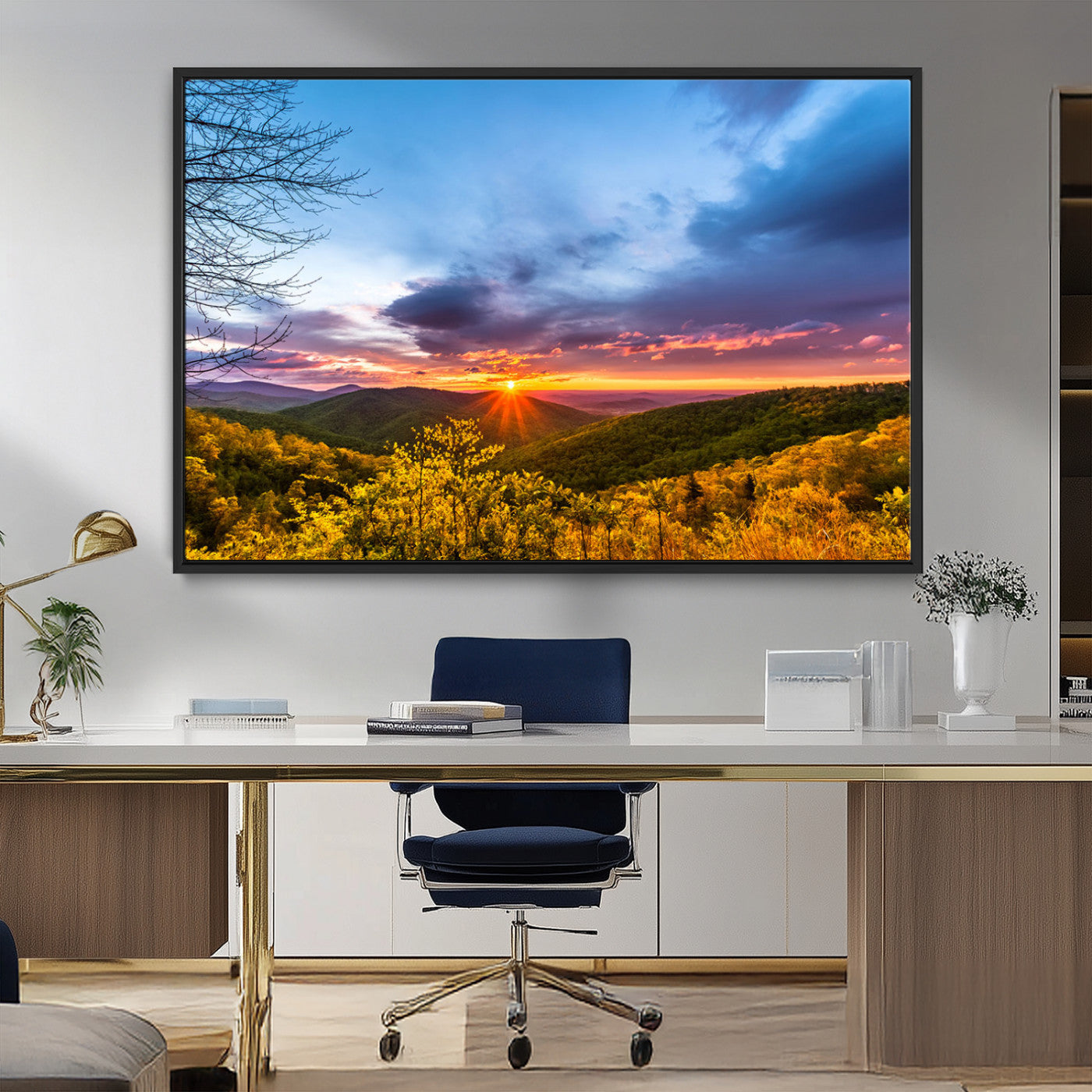 25786346-MGV-CV-36X24-Sunset Over Mountains Wall Art – Nature Landscape Canvas Print, Golden Hour Forest Photography, Scenic Sunrise Artwork for Living