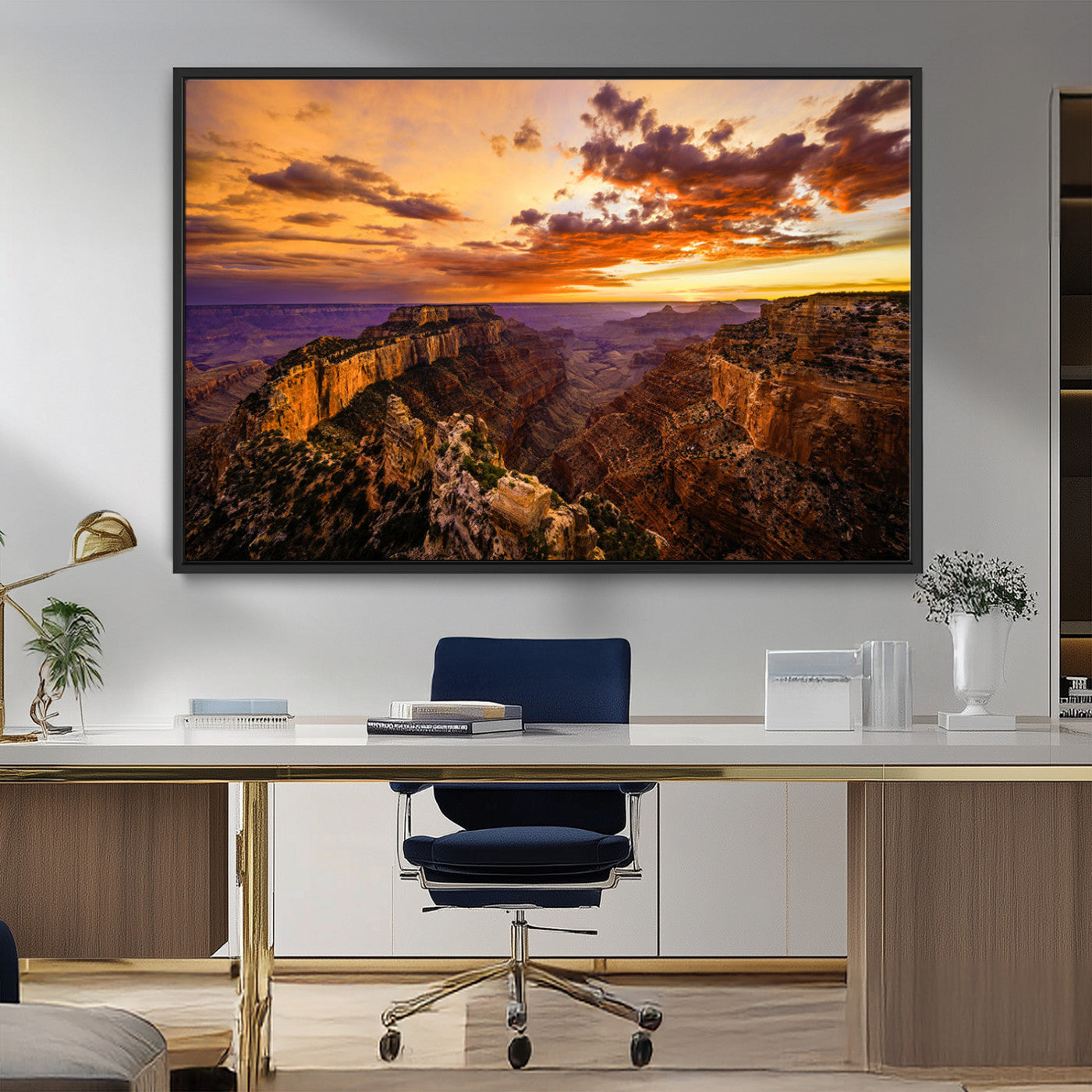 75573843-MGV-CV-36X24-Grand Canyon Sunset Wall Art – Panoramic Canyon Landscape Canvas Print, Dramatic Desert Cliffs Artwork, Nature Inspired Scenic