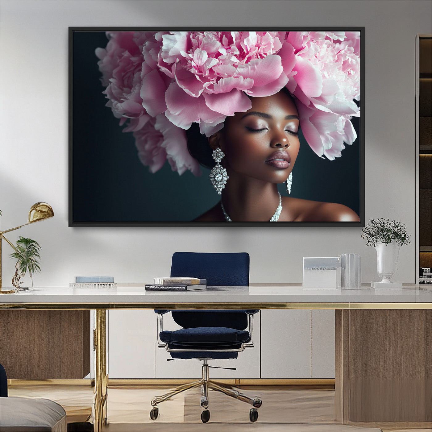 35482880-MGV-CV-36X24-Floral Portrait Wall Art – Elegant Woman with Pink Peony Headpiece Canvas Print, Luxury Fashion Inspired Artwork, Modern Glam