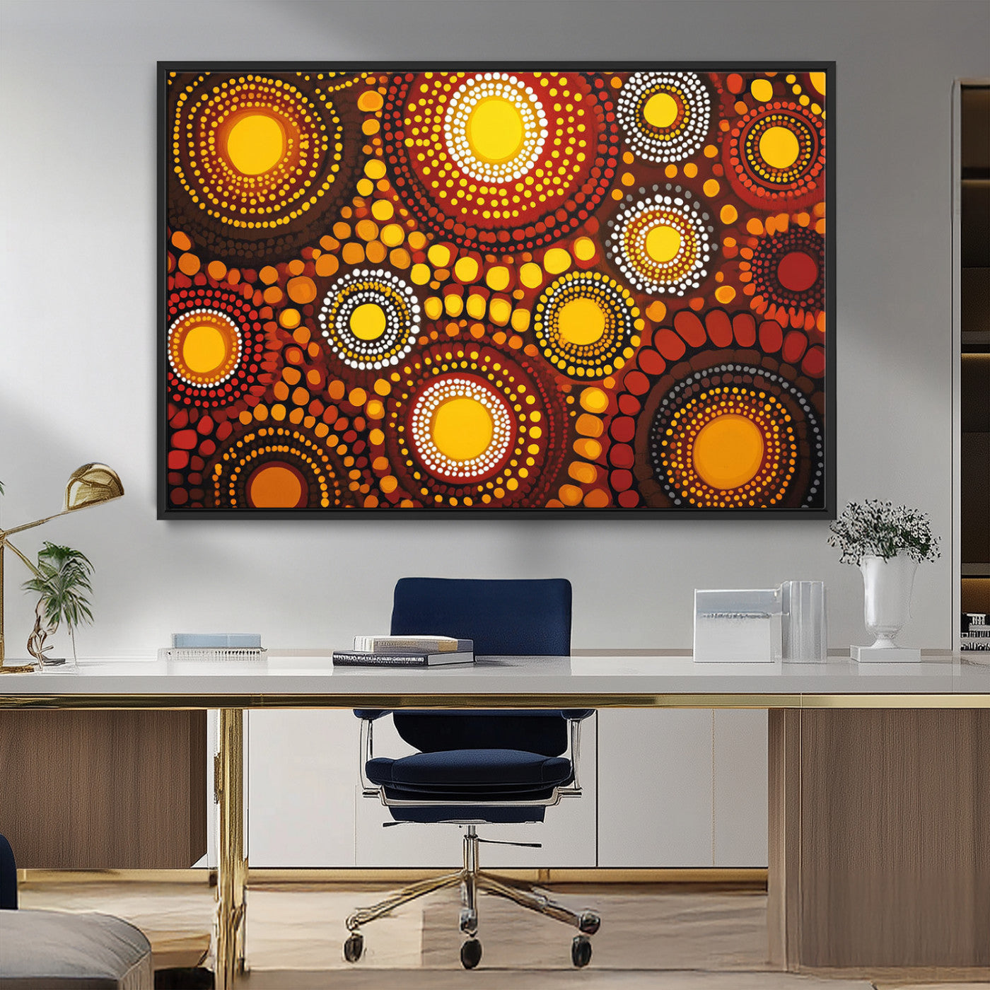 81120549-MGV-FC-36X24_Black-Abstract Dot Painting Wall Art – Vibrant Tribal Boho Style Canvas Print with Sunburst Mandala Circles in Warm Red, Yellow, Orange