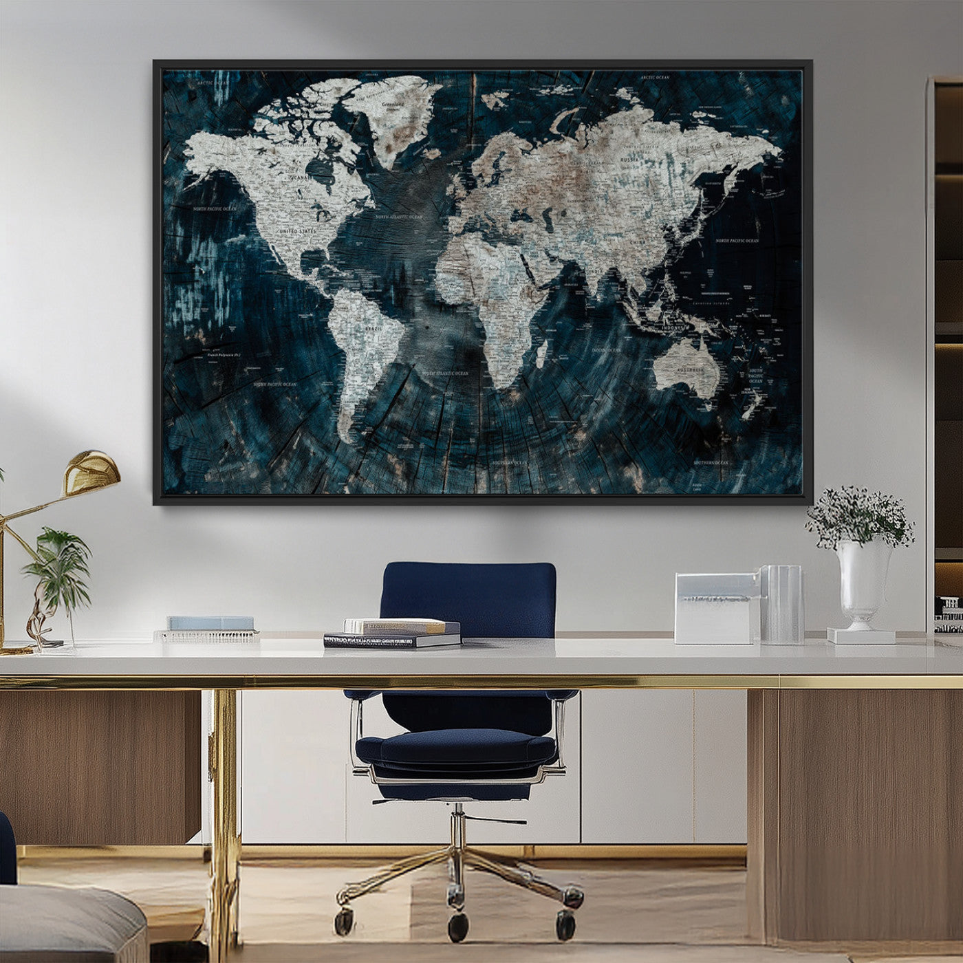 34425609-MGV-CV-36X24-World Map Wall Art – Rustic Navy and Grey Atlas Canvas Print, Distressed Explorer Map Artwork, Industrial Style Decor for Office,