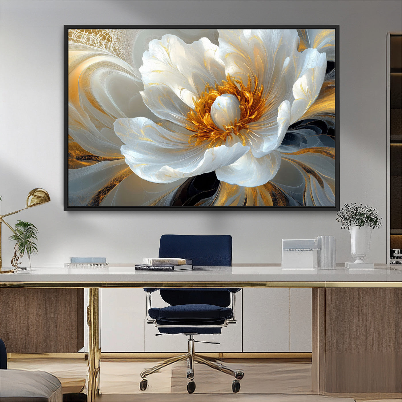 39604126-MGV-FC-36X24_Black-Abstract Flower Wall Art – Elegant White and Gold Bloom Canvas Print, Modern Floral Artwork for Bedroom, Living Room, or Office