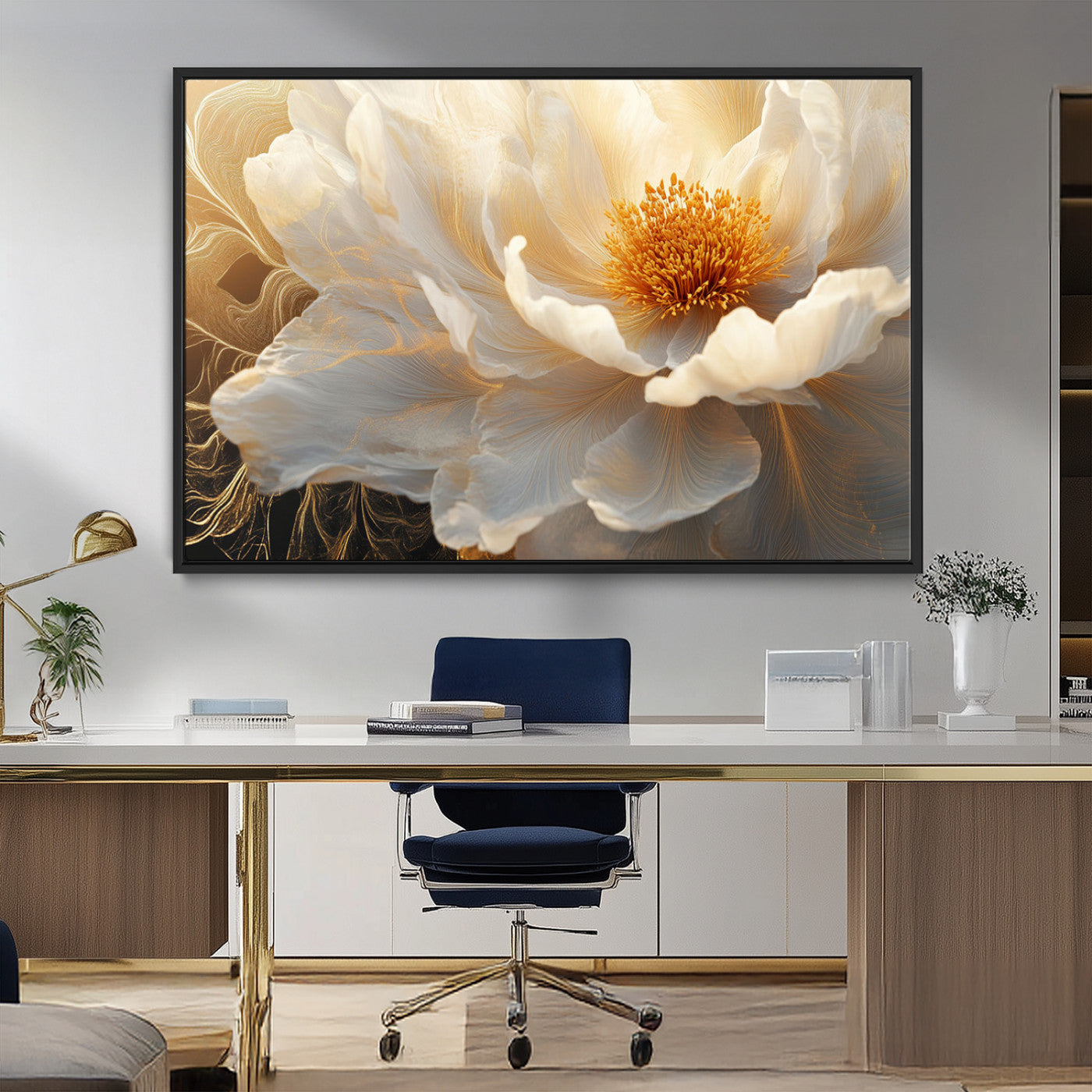 29539087-MGV-CV-36X24-Floral Wall Art – Elegant White and Gold Bloom Canvas Print, Romantic Modern Flower Artwork for Bedroom, Living Room, or Office