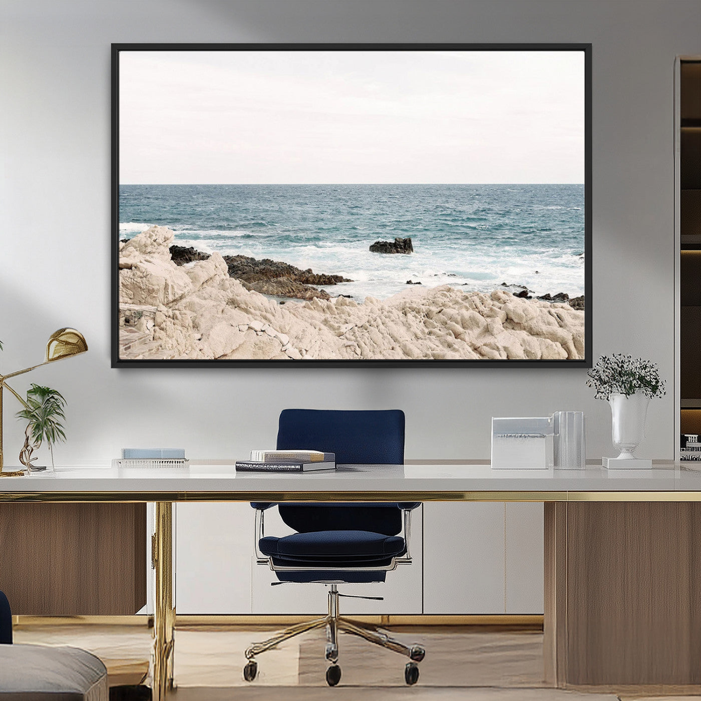 25481980-MGV-CV-36X24-Ocean Coastal Wall Art – Rocky Shoreline and Waves Canvas Print, Serene Beach Landscape Decor for Living Room, Bedroom, or Office
