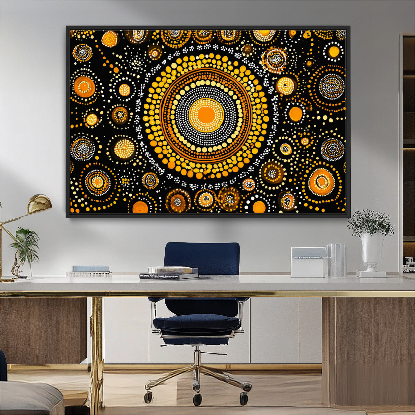 45478523-MGV-FC-36X24_Black-Abstract Circle Wall Art – Bold Black and Gold Dot Painting Canvas Print, Modern Geometric Mandala Style Decor for Living Room or