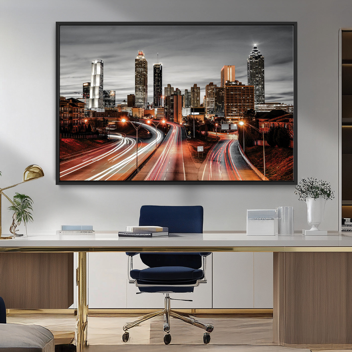 59097239-MGV-CV-36X24-City Skyline Wall Art – Modern Black and White Night Canvas Print with Red Light Trails, Urban Landscape Decor for Living Room or