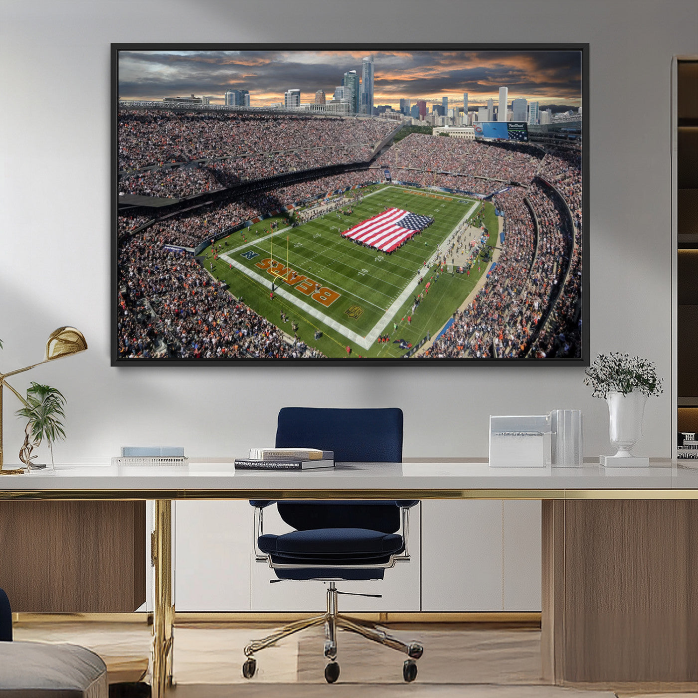 98106777-MGV-CV-36X24-Soldier Field Wall Art – Chicago Bears Stadium Canvas Print with American Flag, Game Day Football Decor for Man Cave, Bar, or