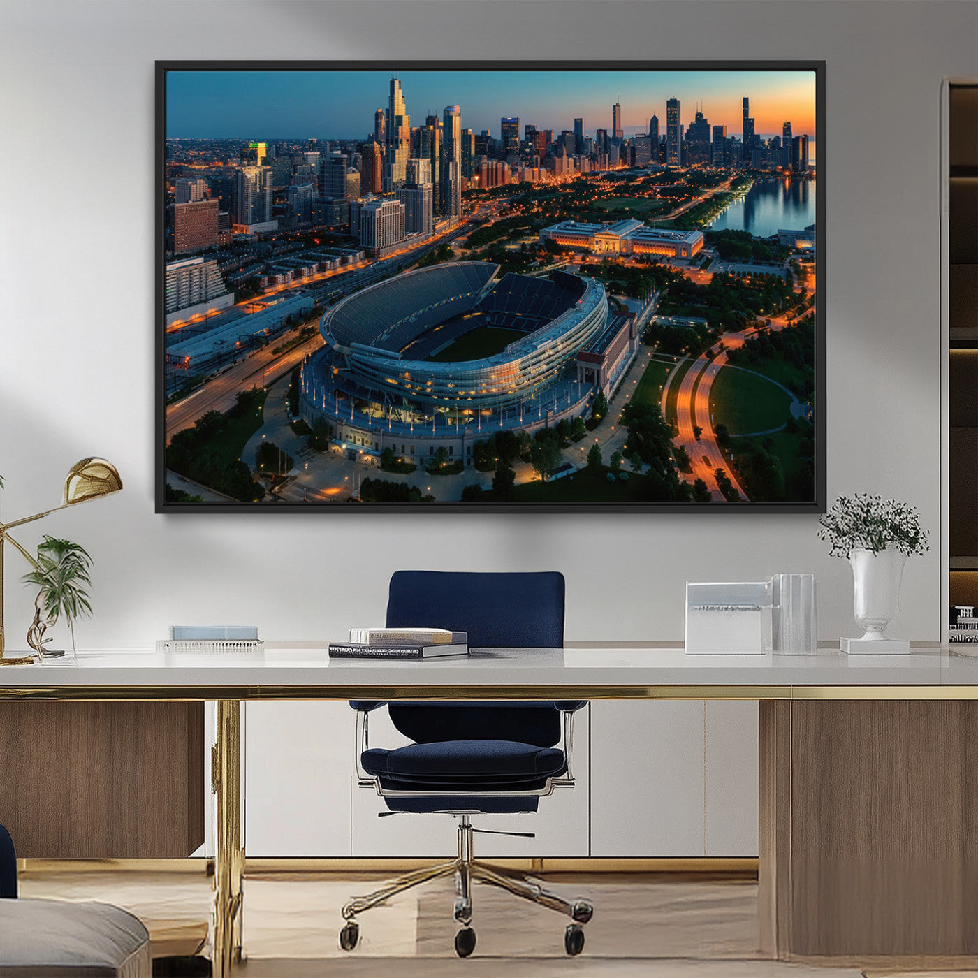 36690345-MGV-CV-36X24-Soldier Field Wall Art – Chicago Bears Stadium Aerial Night Canvas Print, City Skyline Football Decor for Living Room, Office, or