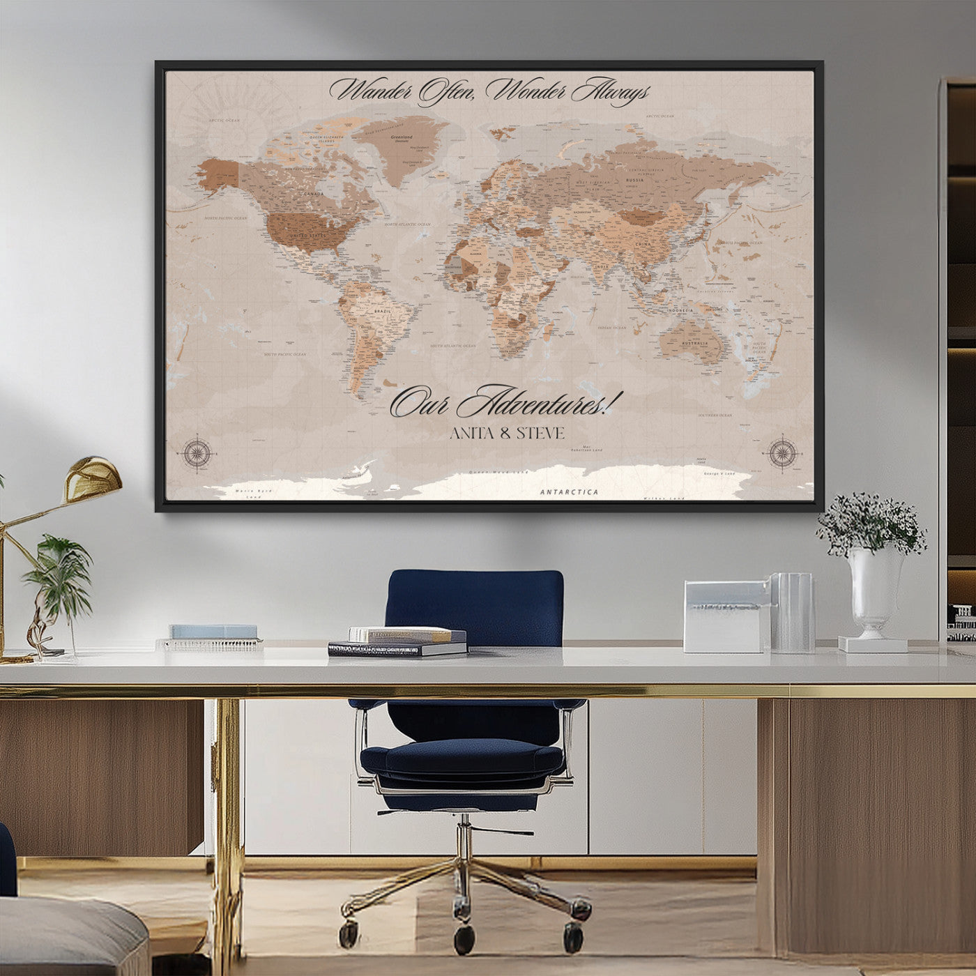 95243244-MGV-CV-36X24-Wander Often Wonder Always World Map Wall Art – Neutral Beige Adventure Canvas Print, Rustic Boho Travel Decor for Bedroom, Living