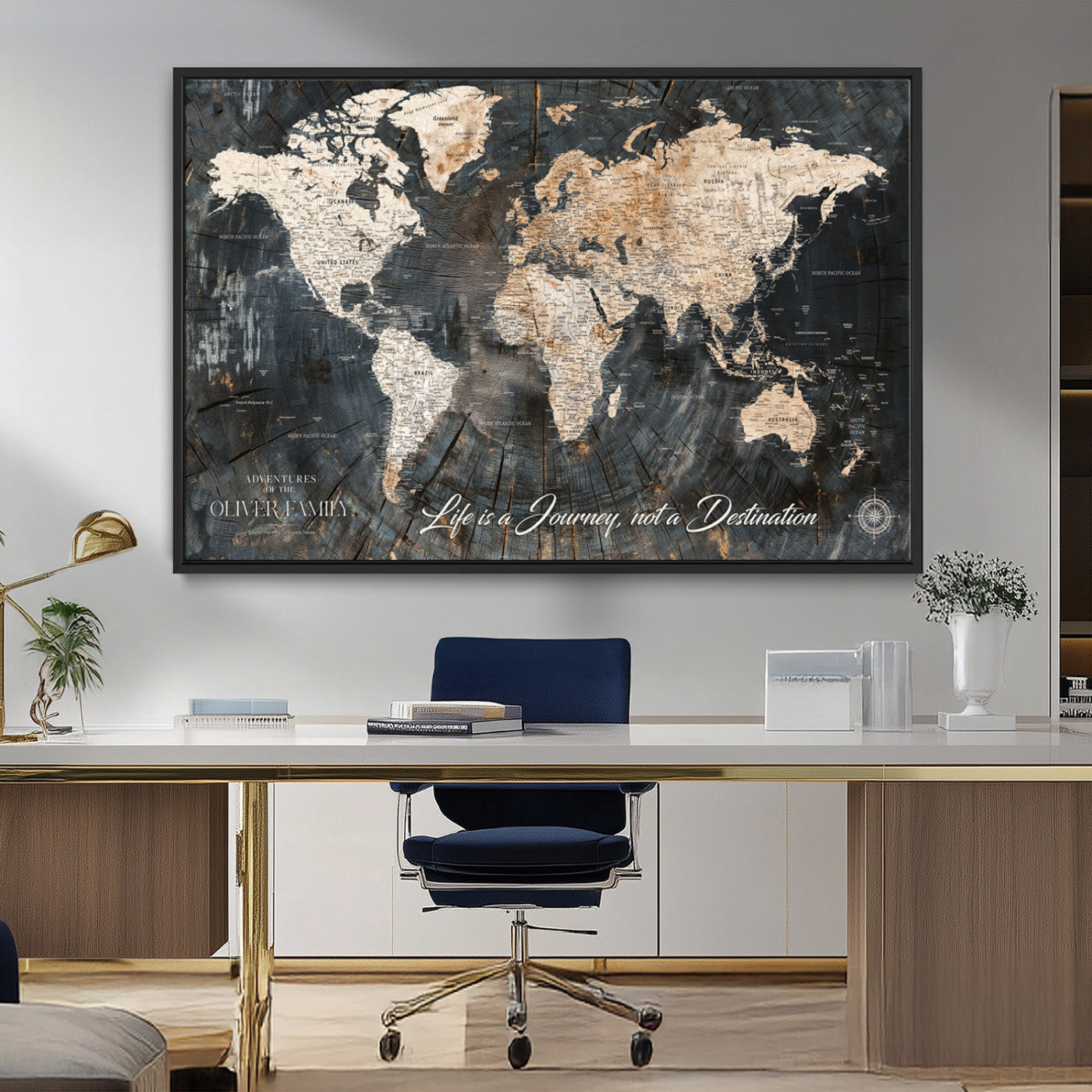 37848568-MGV-CV-36X24-Life is a Journey Not a Destination World Map Rustic Wood Texture Vintage Beige Navy Adventure Wall Art Canvas Print for Home
