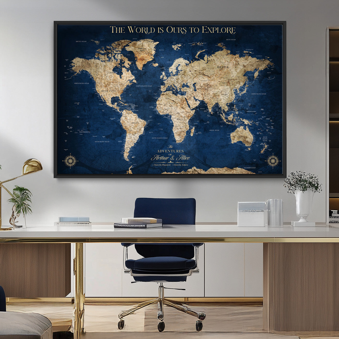 54782997-MGV-FC-36X24_Black-The World is Ours to Explore Wall Art – Blue World Map Canvas Print, Adventure Travel Decor for Home, Office or Living Room,