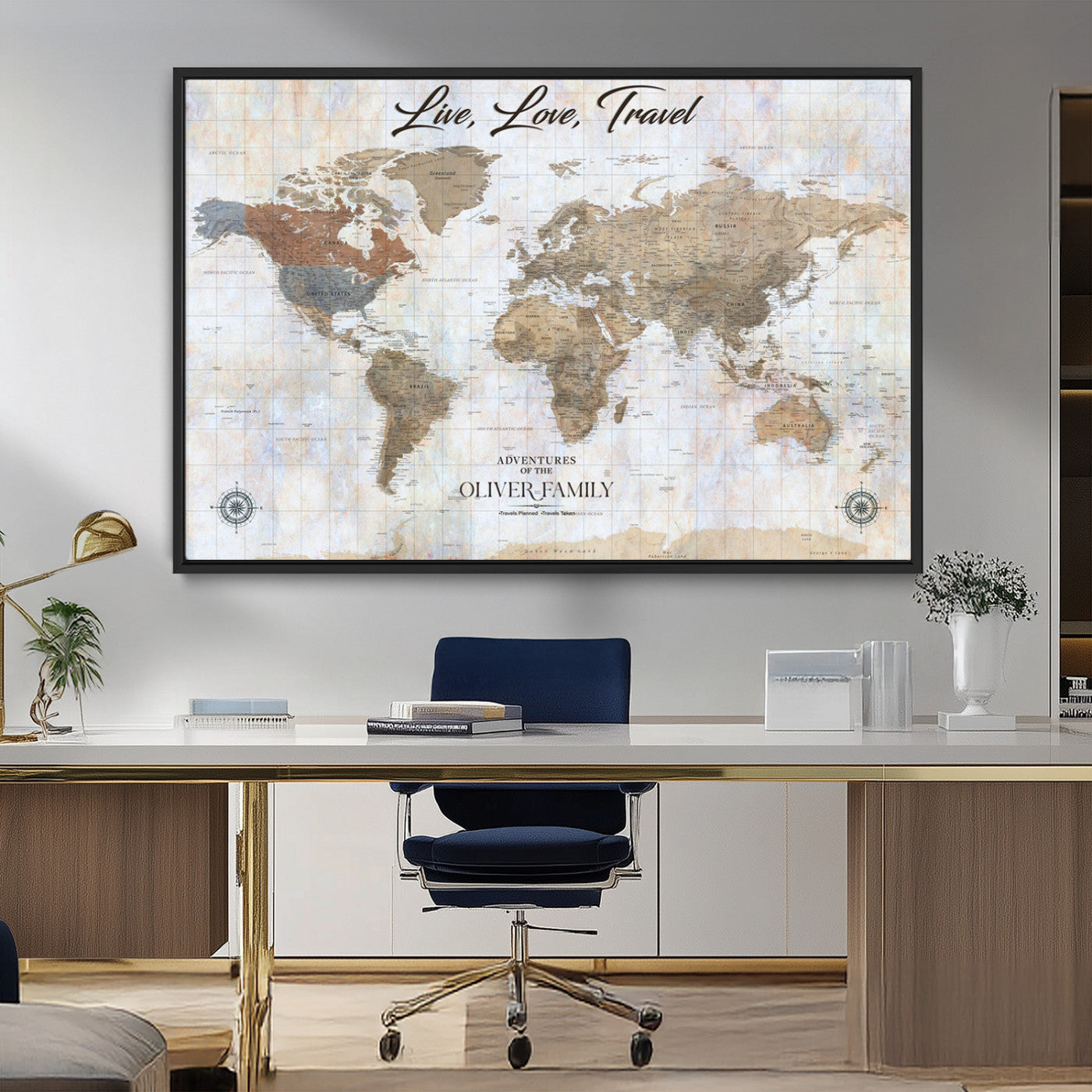 43924907-MGV-CV-36X24-Live Love Travel Wall Art – Neutral World Map Canvas Print, Rustic Adventure Decor for Home, Office or Living Room, Unique Gift