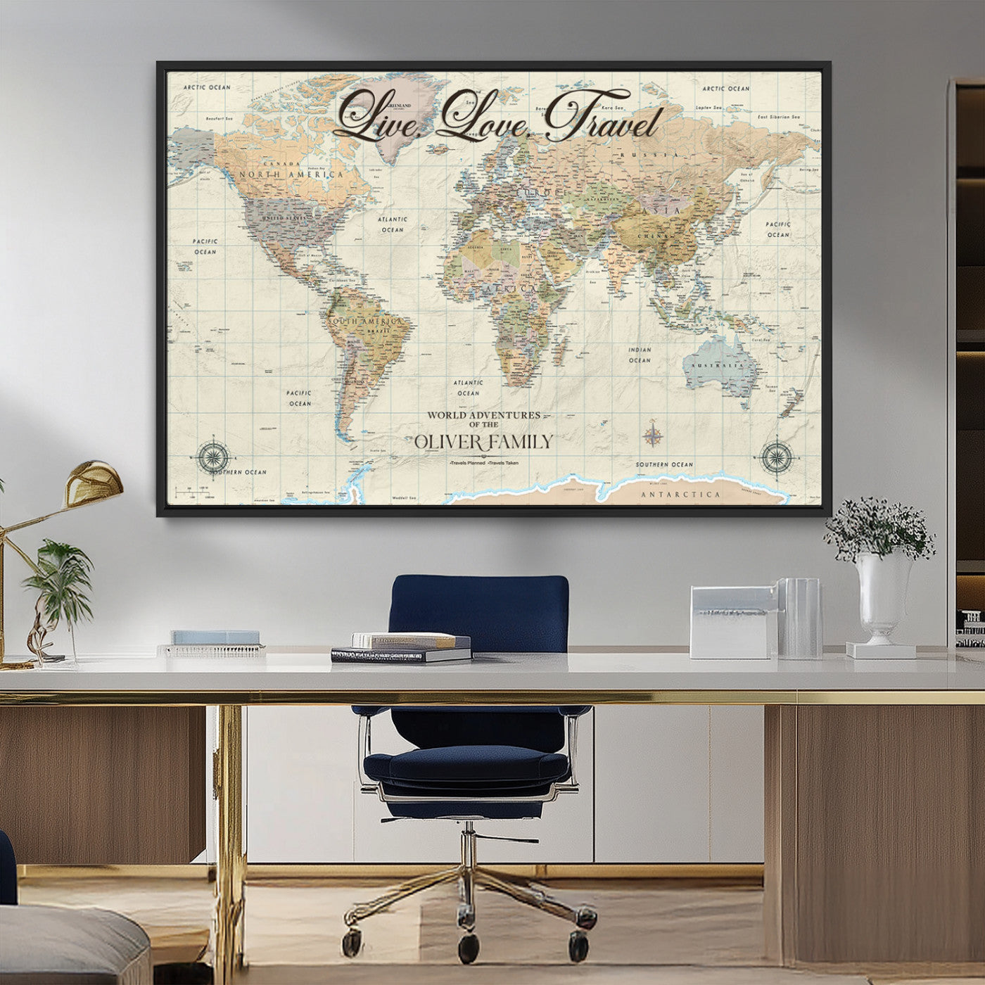 19479008-MGV-CV-36X24-Live Love Travel Wall Art – Detailed World Map Canvas Print, Adventure Decor for Living Room, Office or Bedroom, Travel Gift for