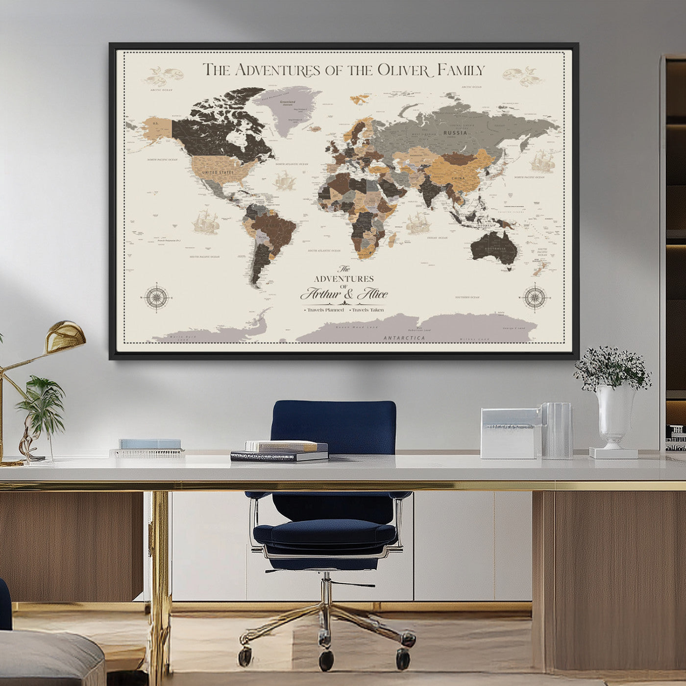 38723540-MGV-CV-36X24-Adventures of the Oliver Family Wall Art – Earth Tone World Map Canvas Print, Minimalist Travel Decor for Living Room, Bedroom or
