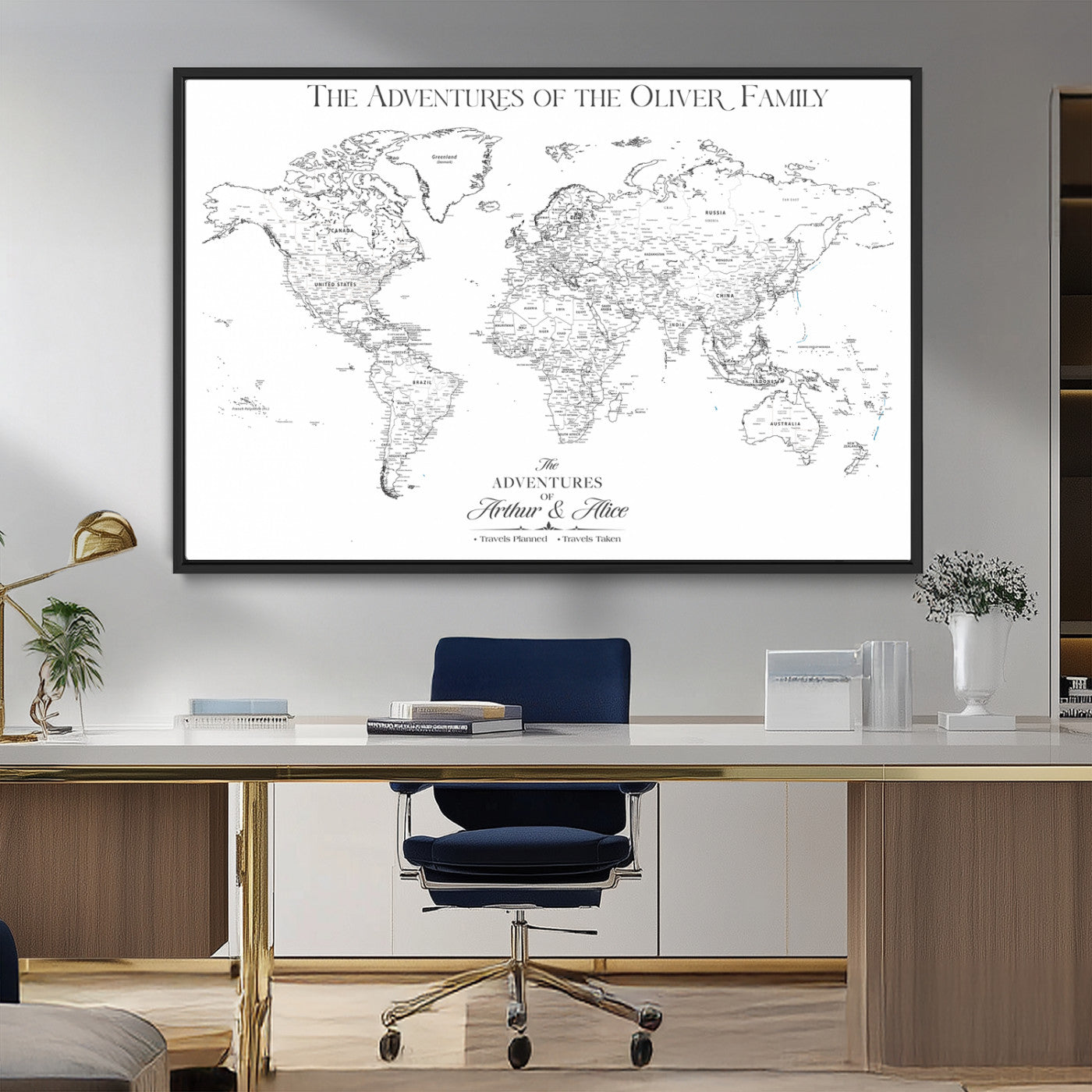 21029247-MGV-CV-36X24-Minimalist World Map Wall Art – Black and White Travel Adventure Print, Modern Family Travel Map Decor for Living Room, Bedroom,
