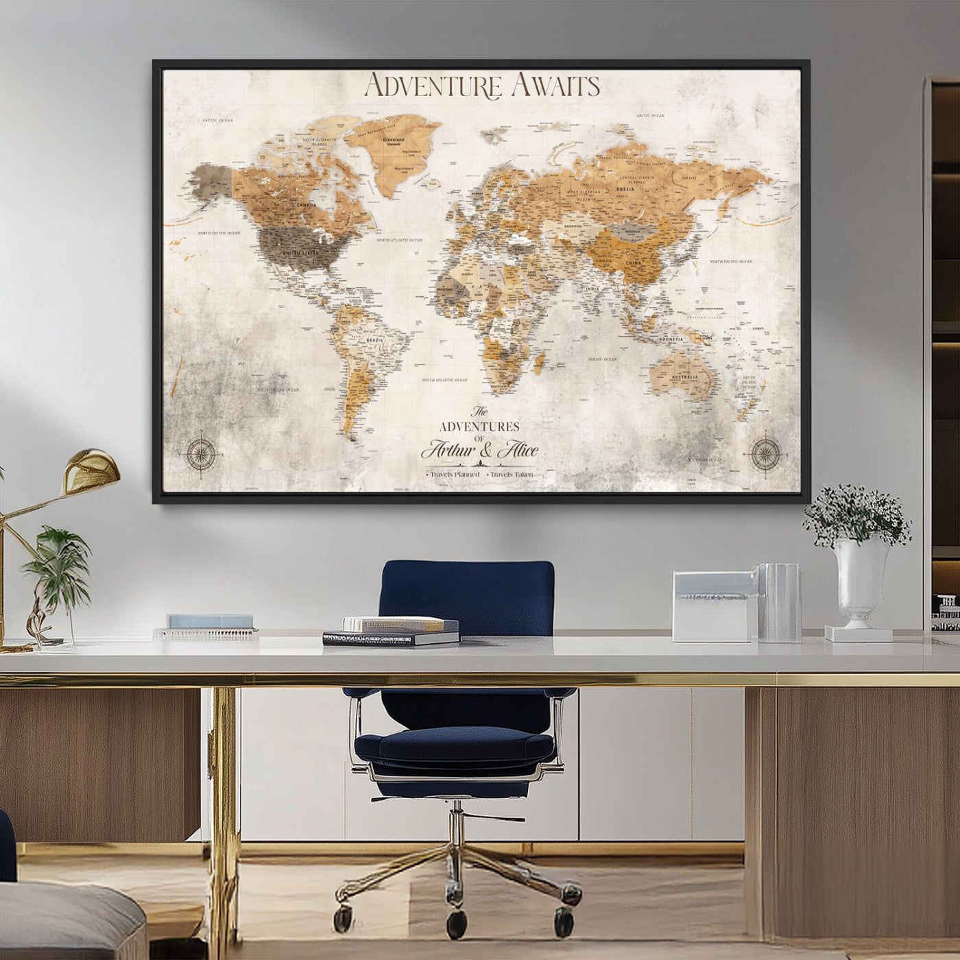 99422096-MGV-CV-36X24-Adventure Awaits World Map Wall Art – Neutral Beige Canvas Print, Modern Travel Inspired Wall Decor for Living Room, Bedroom or