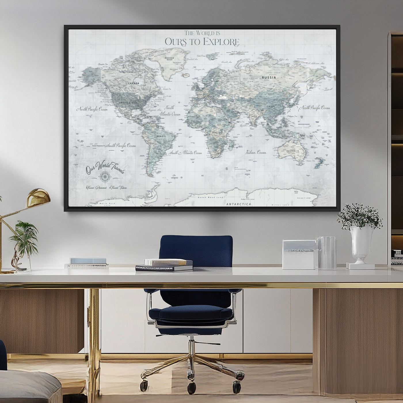 94249974-MGV-CV-36X24-Ours Explore World Map Wall Art – Modern Travel Canvas Print, Neutral Adventure Decor for Living Room, Office, Study, Bedroom,