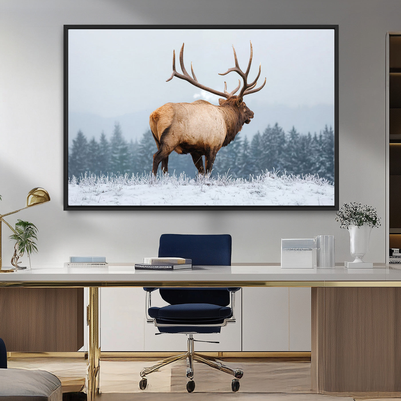 85177251-MGV-CV-36X24-Elk Wall Art – Majestic Wildlife Canvas Print of Bull Elk Snowy Forest, Rustic Nature Decor for Living Room, Cabin, or Office