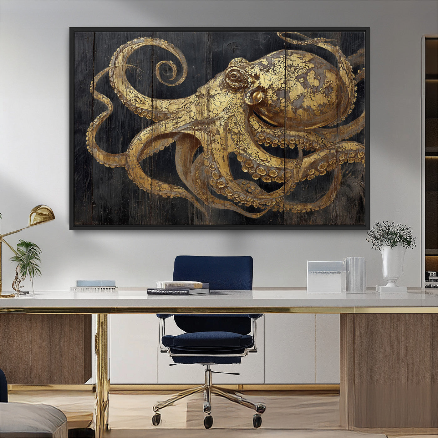 47056538-MGV-CV-36X24-Octopus Canvas Wall Art – Gold Detail, Wooden Texture, Marine Life, Ocean Creature Tentacles, Nautical Coastal Rustic Decor for