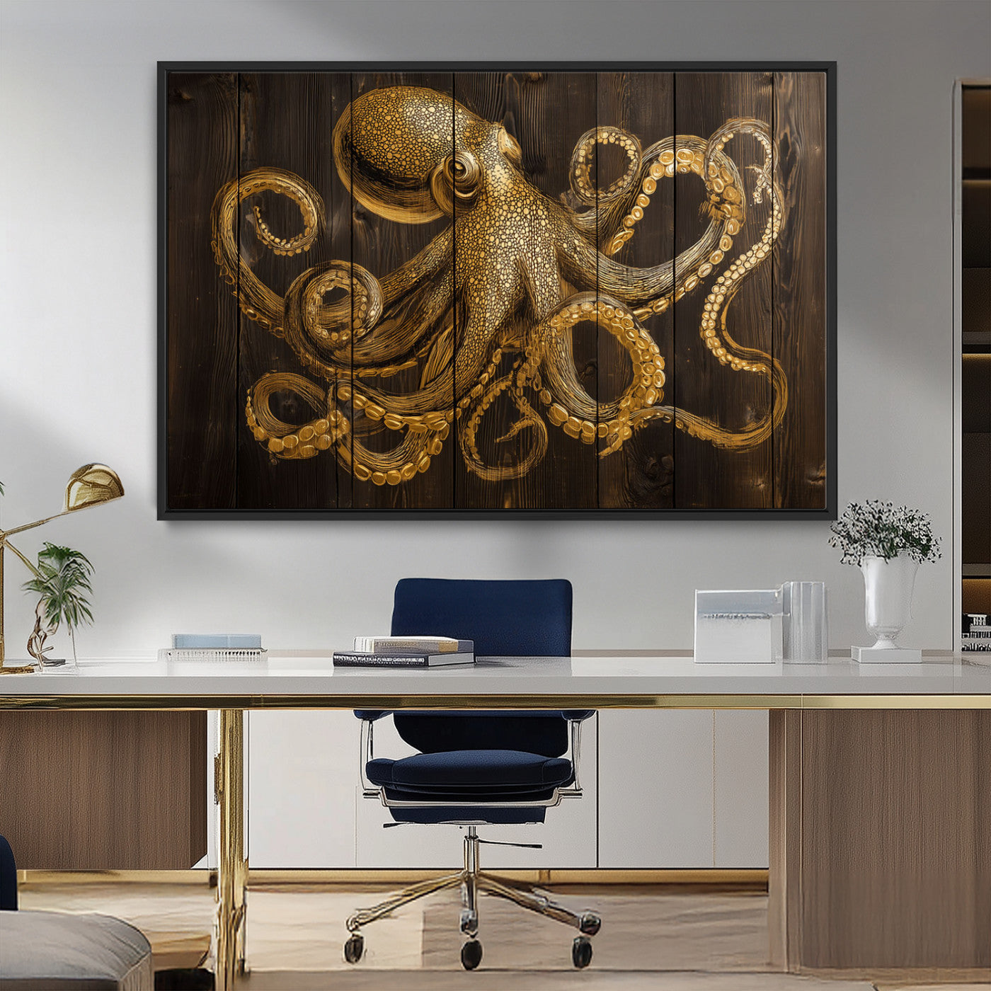 56769669-MGV-CV-36X24-Octopus Wall Art – Gold Nautical Canvas Print with Rustic Wood Panel Design, Detailed Marine Artwork for Coastal Ocean Decoration