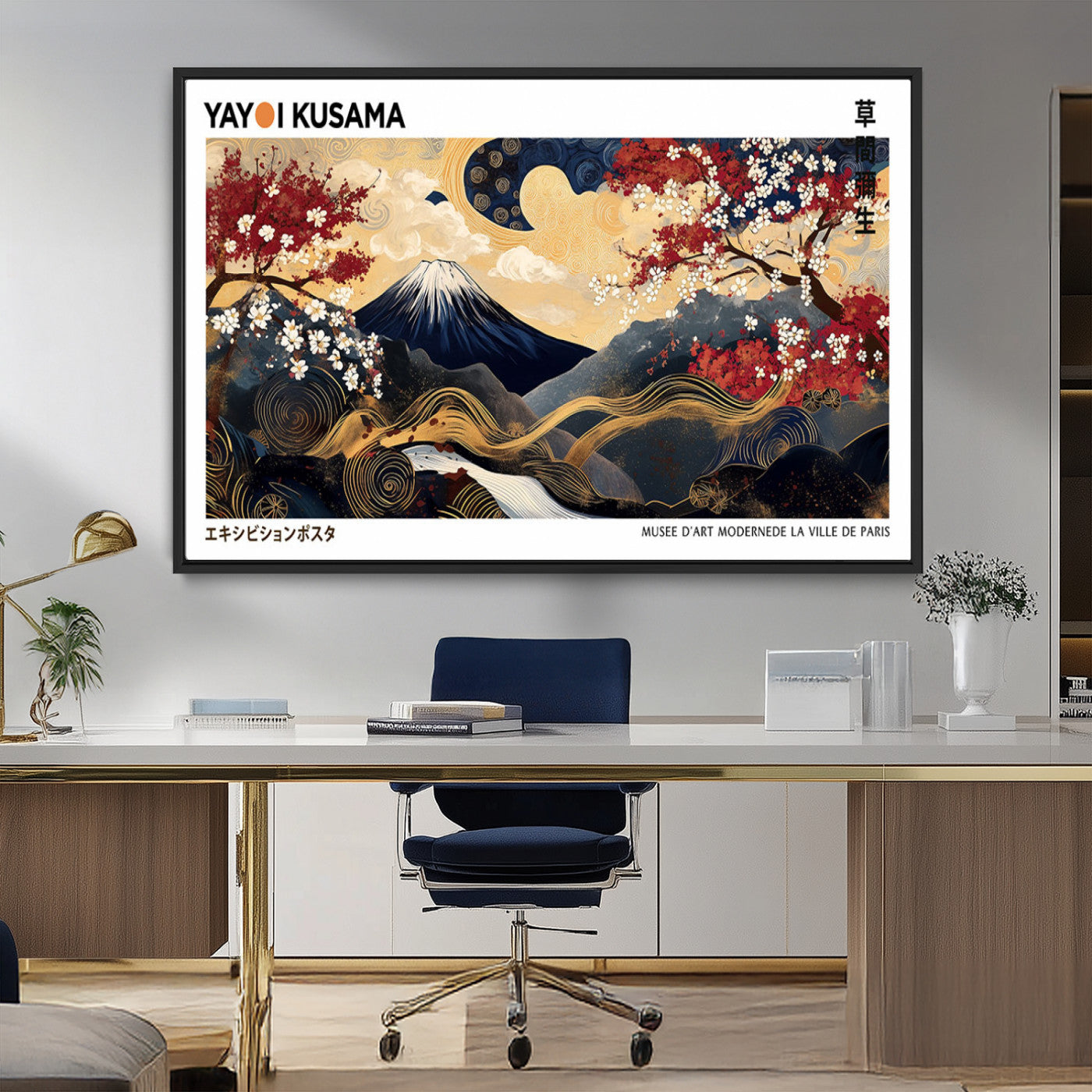 28945903-MGV-CV-36X24-Japanese Wall Art – Mount Fuji Canvas Print with Cherry Blossoms and Golden Wave Motifs, Traditional Asian Inspired Artwork for