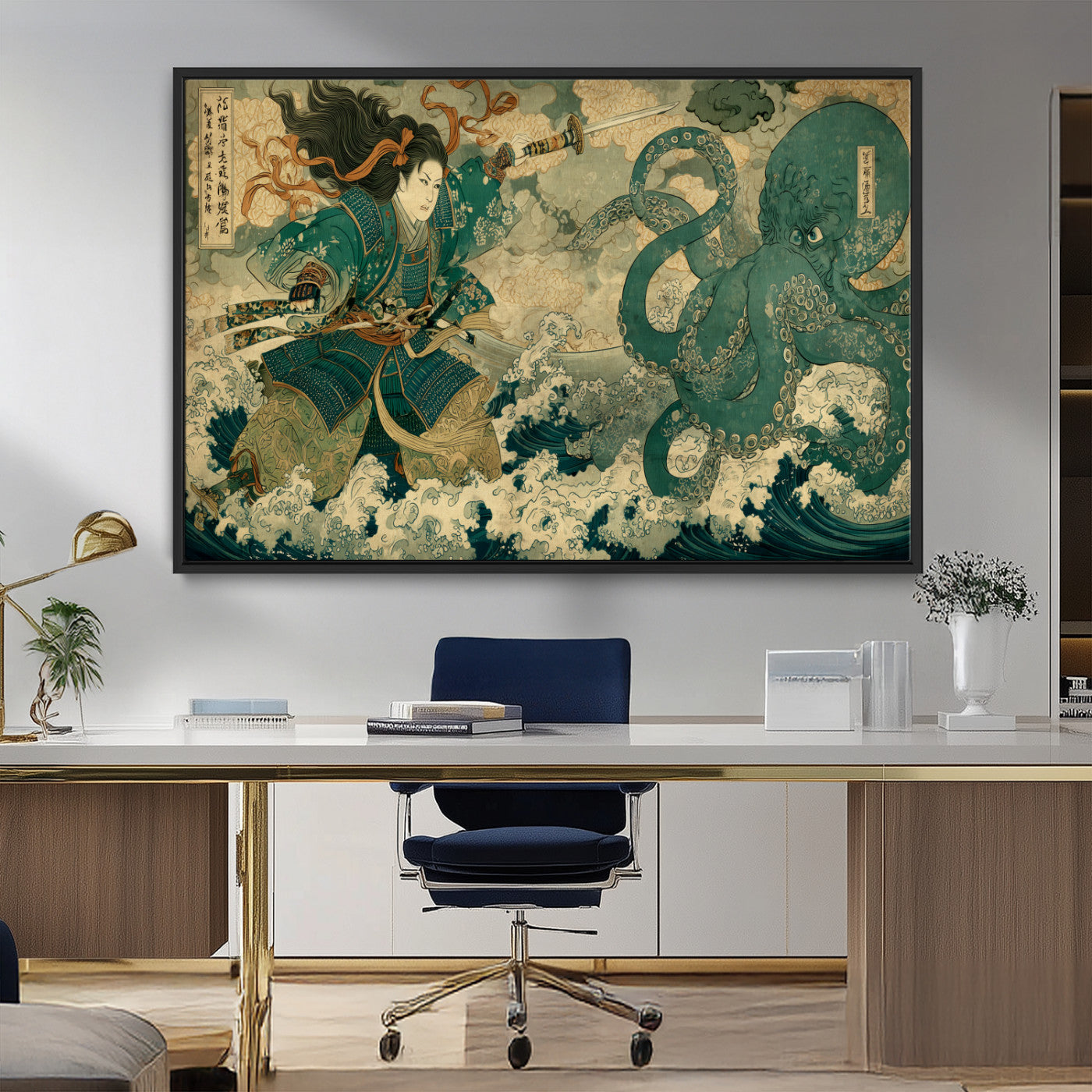 24416422-MGV-CV-36X24-Samurai vs Octopus Wall Art – Japanese Warrior Ocean Battle Canvas Print, Ukiyo e Inspired Decor for Home, Office, or Man Cave
