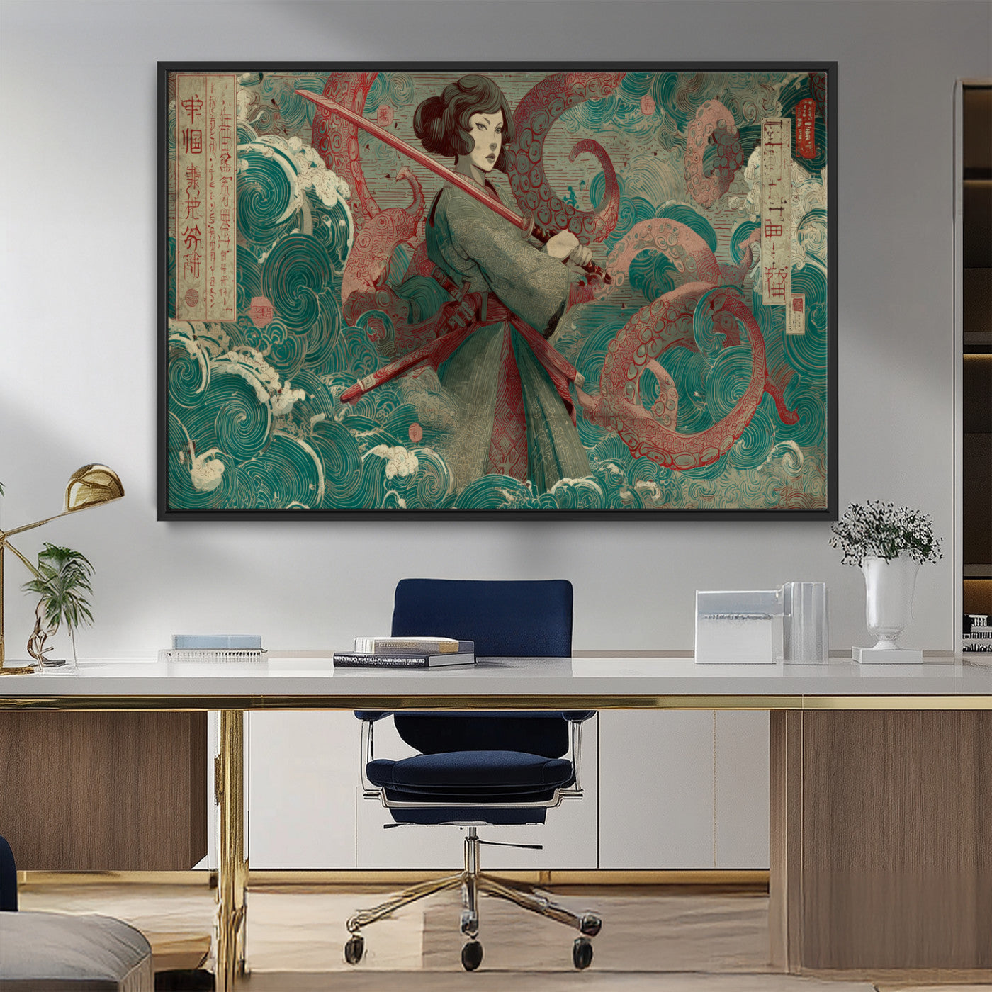 91666601-MGV-CV-36X24-Samurai Woman vs Octopus Wall Art – Japanese Ukiyo-e Green Robe Canvas Print, Ocean Battle Artwork for Living Room, Office, Man