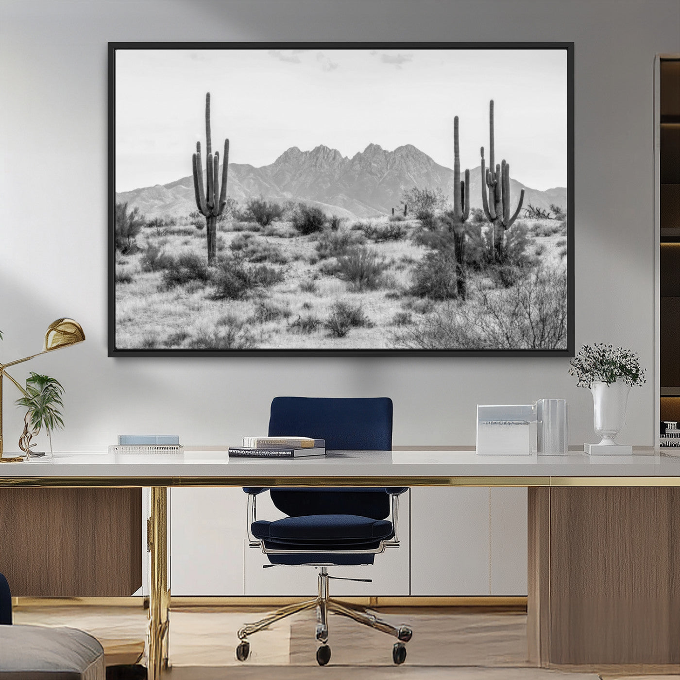 97436PHN-MGV-CV-36X24-Desert Landscape Wall Art – Black and White Cactus and Mountain Canvas Print, Southwestern Nature Photography for Living Room,