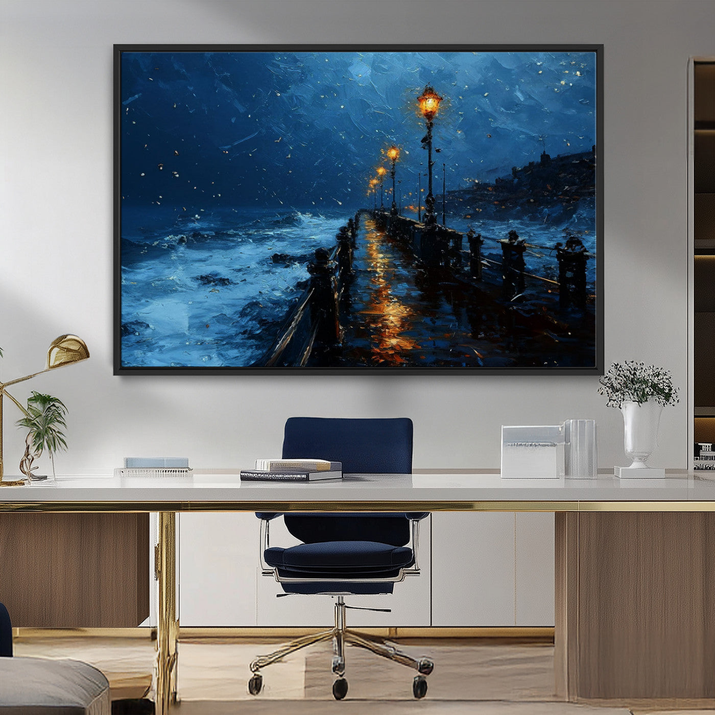 48300530-MGV-CV-36X24-Dark Stormy Pier Canvas Wall Art – Moody Ocean Night Scene with Street Lamps, Blue Coastal Seascape Print for Bedroom, Office, or