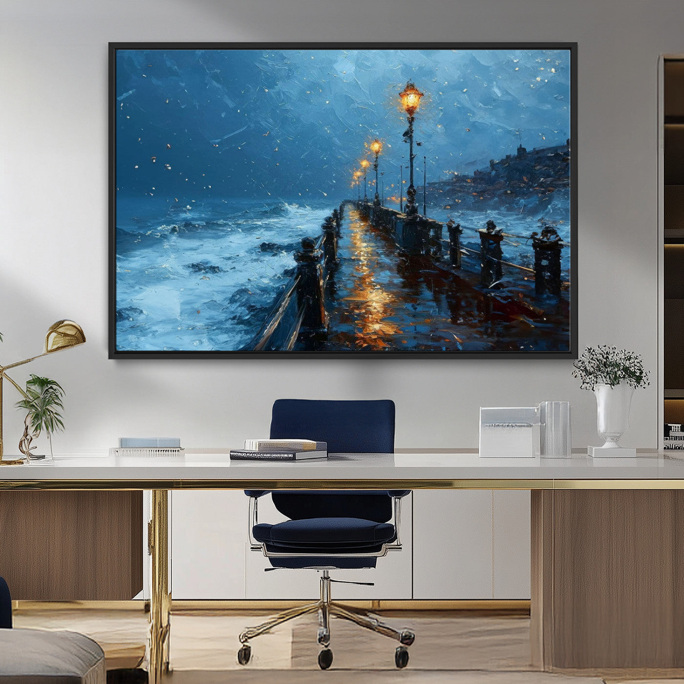 93793246-MGV-FC-36X24_Black-Stormy Night Pier Canvas Wall Art – Moody Ocean Landscape with Lights, Blue Coastal Seascape Print for Bedroom, Living Room,
