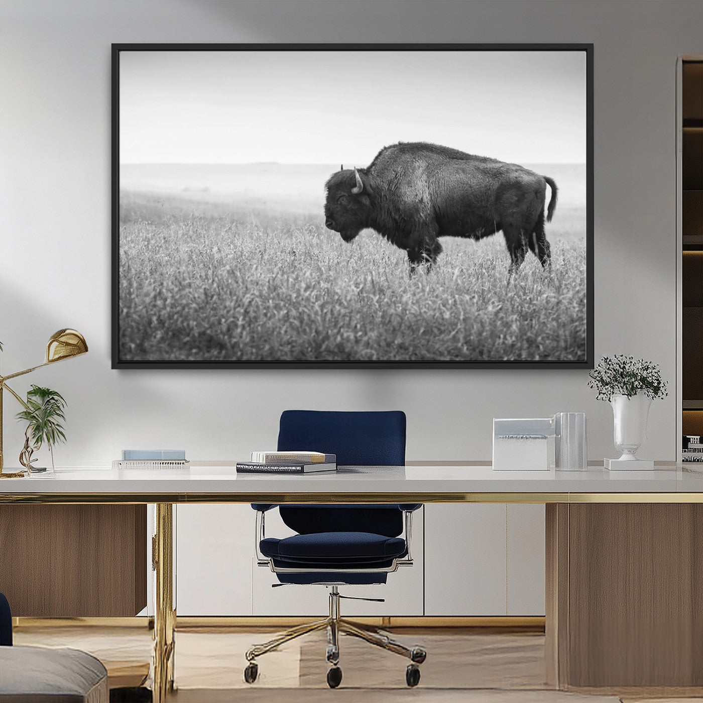 90861202-MGV-FC-36X24_Black-Black and White Bison Canvas Wall Art – Rustic American Buffalo Print, Western Wildlife Photography for Farmhouse, Cabin, Office