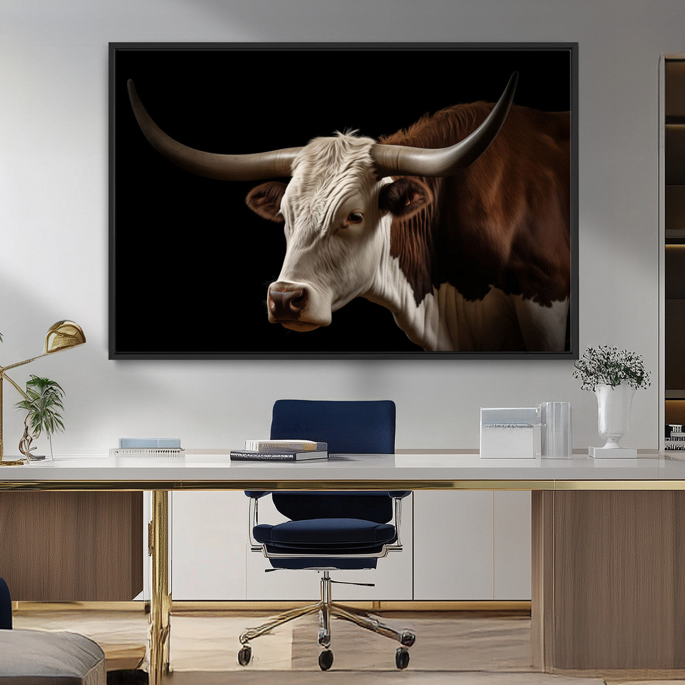 27414857-MGV-FC-36X24_Black-Longhorn Bull Wall Art – Dramatic Western Steer Portrait Canvas Print, Rustic Farmhouse Animal Decor for Living Room, Office, or