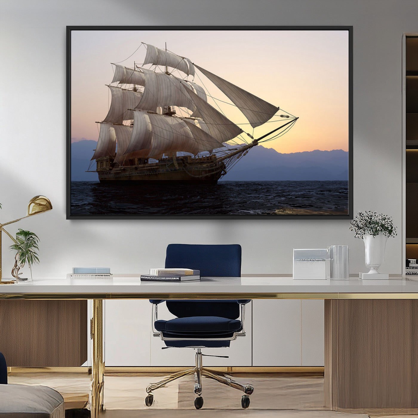 99957679-MGV-FC-36X24_Black-Majestic Sailing Ship Wall Art – Sunset Ocean Voyage, Classic Tall Ship with Wind Filled Sails Canvas Print for Home, Office,