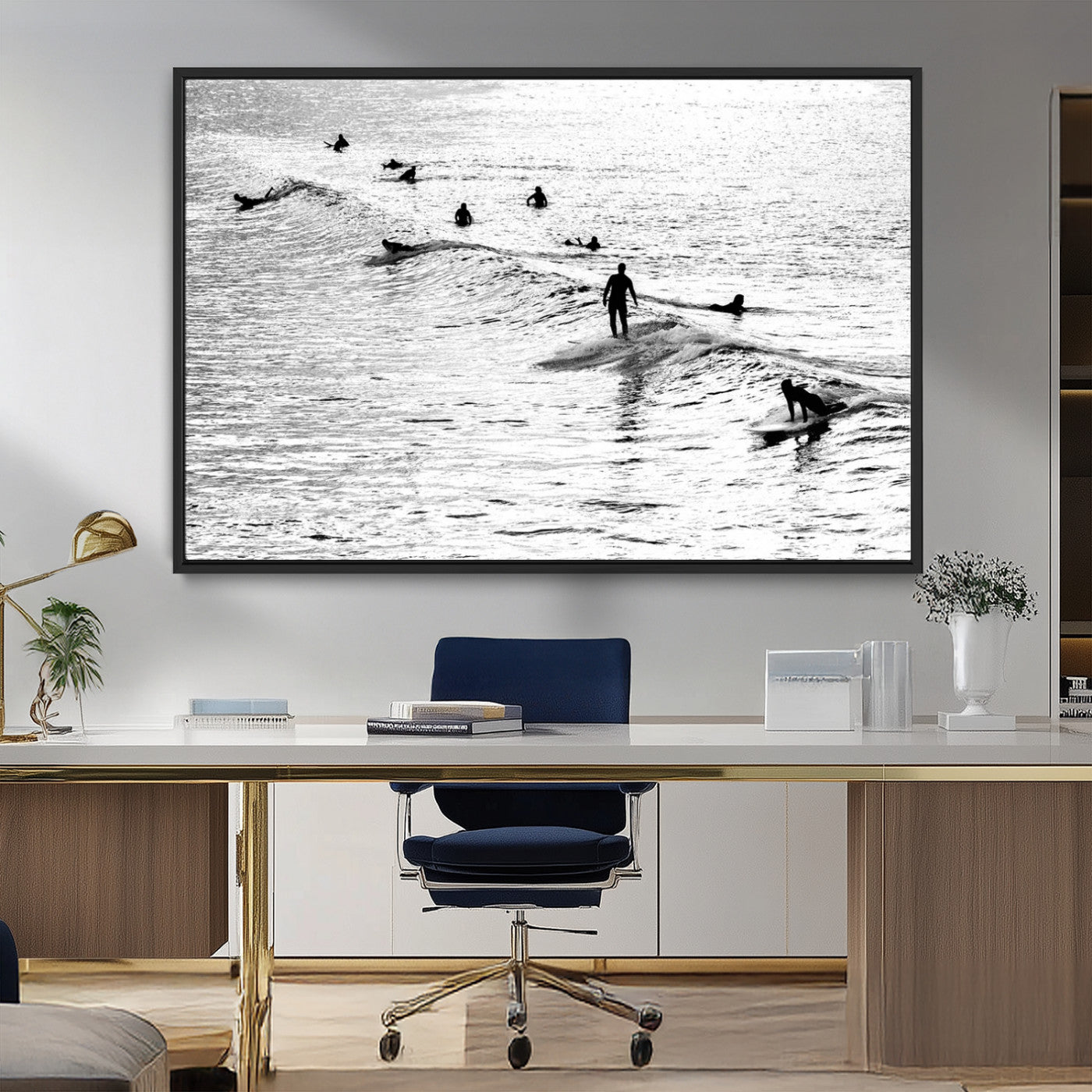 68018616-MGV-FC-36X24_Black-Black and White Surf Photography Print – Minimalist Ocean Wall Art, Surfers Riding Waves, Coastal Beach Decor for Modern Home or