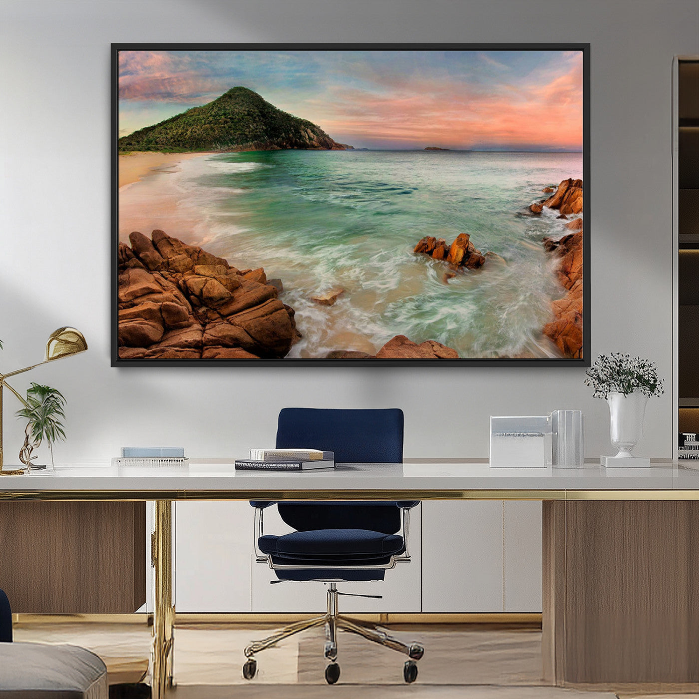 53831025-MGV-FC-36X24_Black-Coastal Landscape Wall Art – Tropical Beach Ocean Canvas Print, Sunset Mountain View Photography Decor for Living Room, Bedroom,