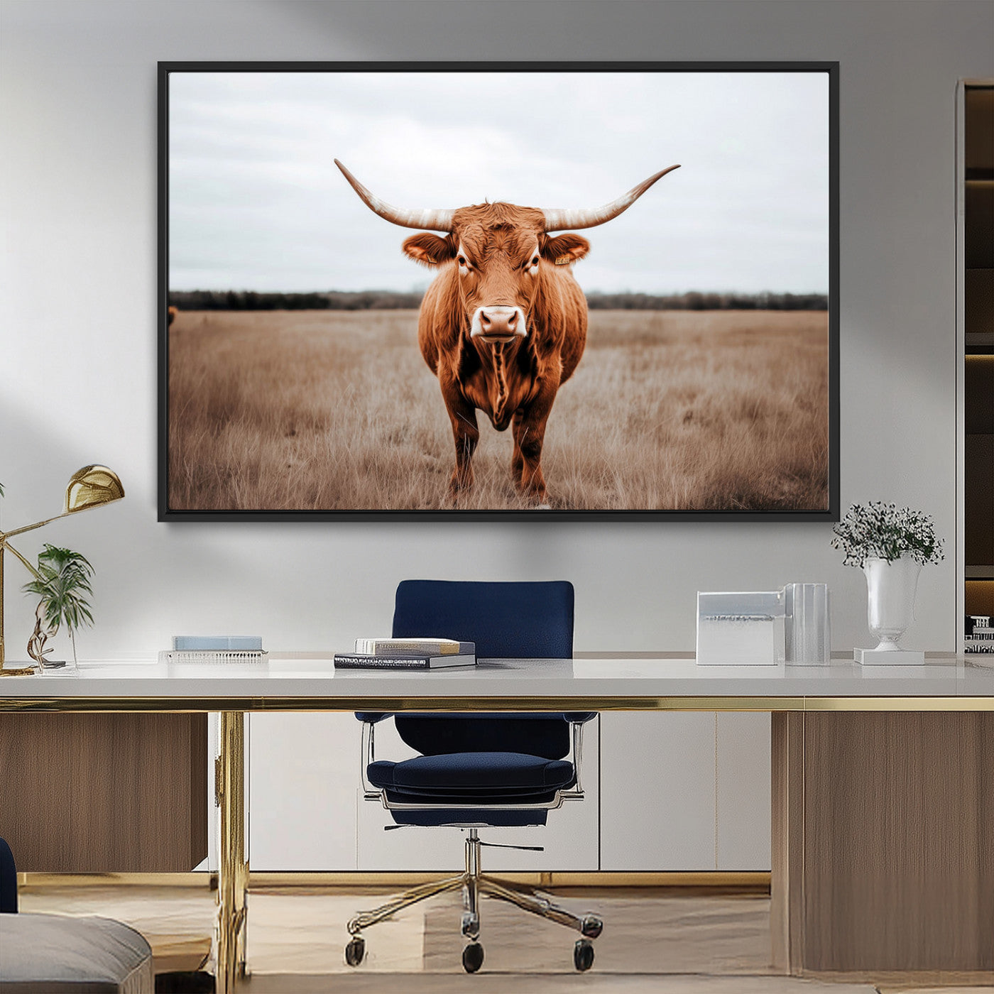 16316734-MGV-FC-36X24_Black-Texas Longhorn Wall Art – Rustic Bull Portrait Canvas Print, Western Farmhouse Animal Photography Decor for Living Room, Office,