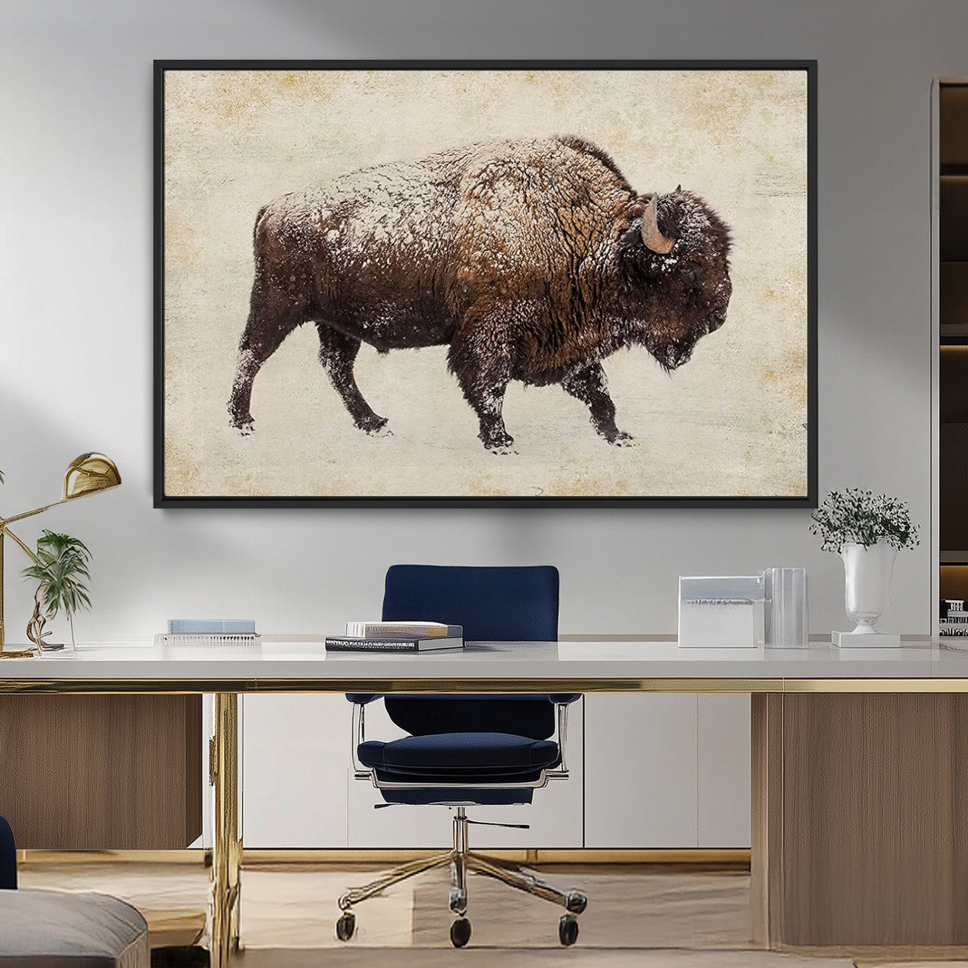 54810031-MGV-FC-36X24_Black-Western Wall Art – Snow Covered Bison Canvas Print, Rustic Wildlife Photography Decor for Bedroom, Living Room, Office, Lodge,