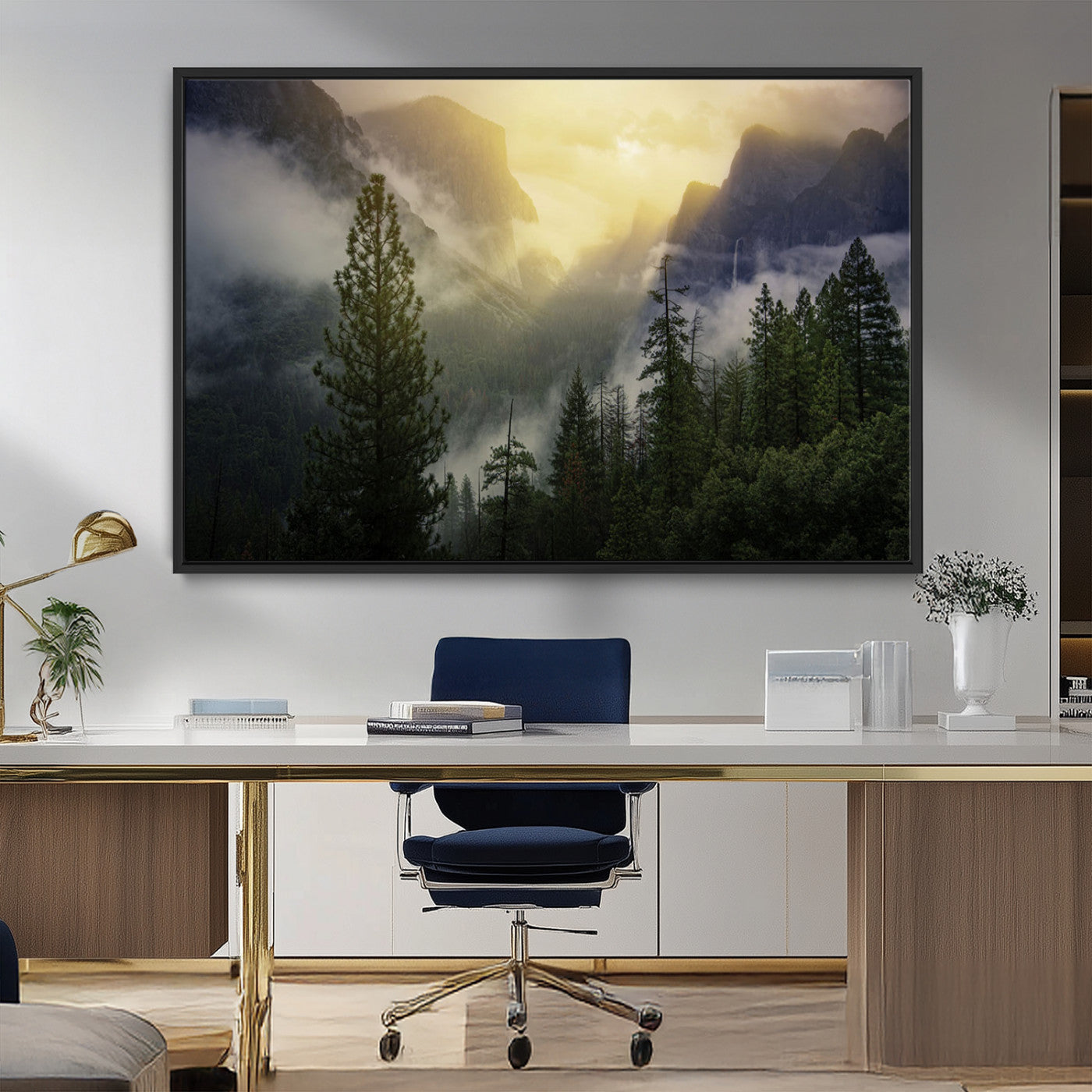 38316884-MGV-CV-36X24-Landscape Wall Art – Misty Mountain Valley Canvas Print, Scenic Pine Forest and Sunrise Photography Decor for Bedroom, Living