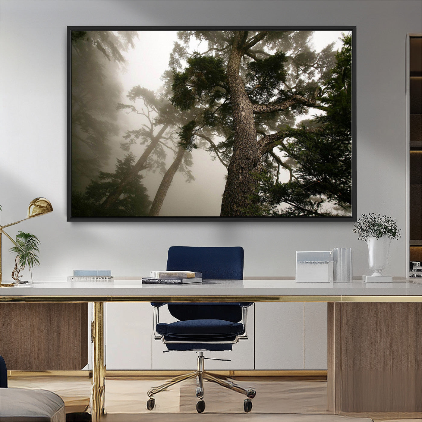 87969493-MGV-CV-36X24-Forest Wall Art – Misty Tall Trees Canvas Print, Dramatic Woodland Photography Decor for Bedroom, Living Room, Office, Cabin,