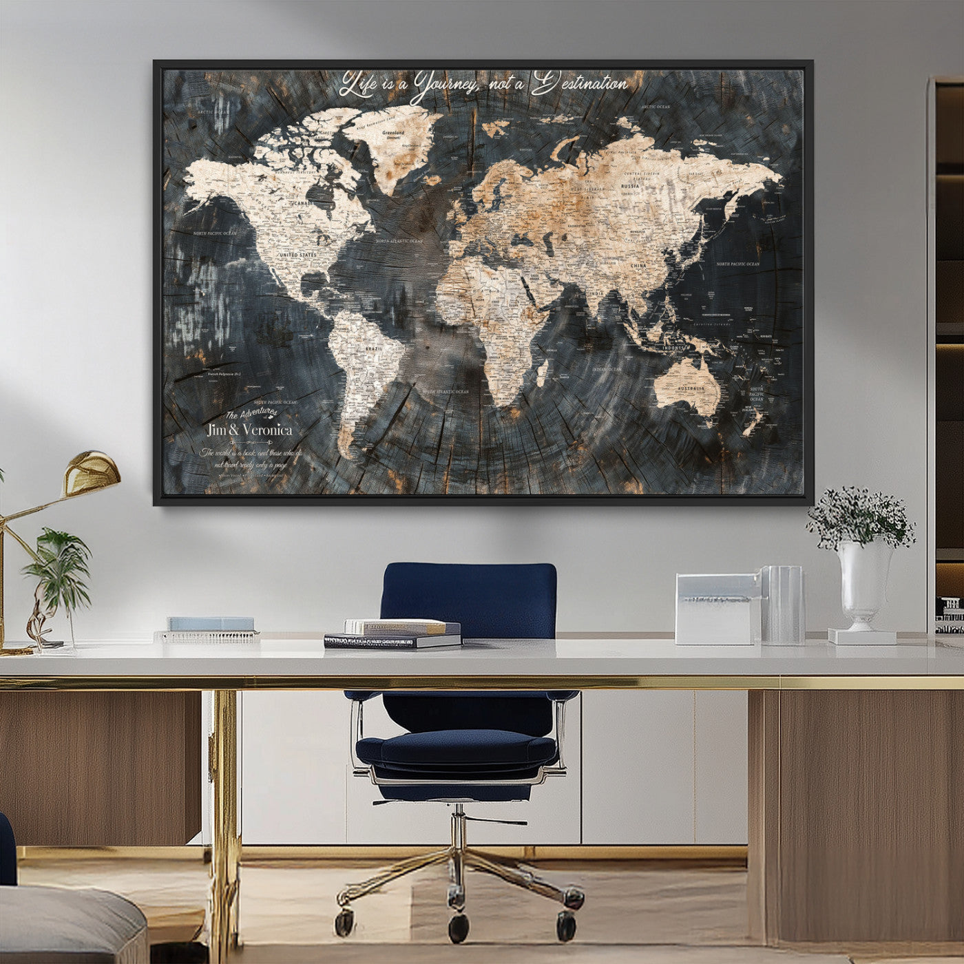 55548943-MGV-FC-36X24_Black-Personalized World Map Wall Art – Rustic Wood Texture Adventure Travel Map with Custom Couple Names, Vintage Dark Wall Decor for