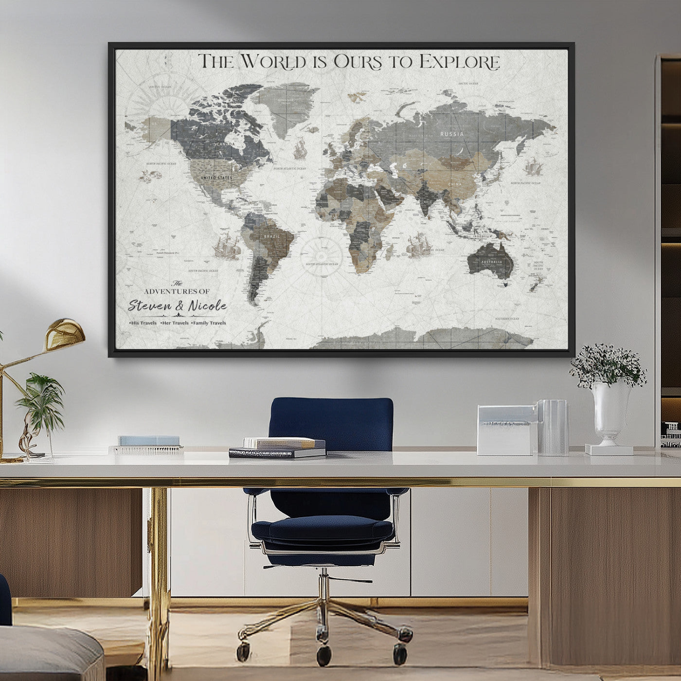 97082026-MGV-FC-36X24_Black-Personalized World Map Wall Art – Vintage Gray Adventure Travel Map with Custom Couple or Family Names, Rustic Wall Decor for Home