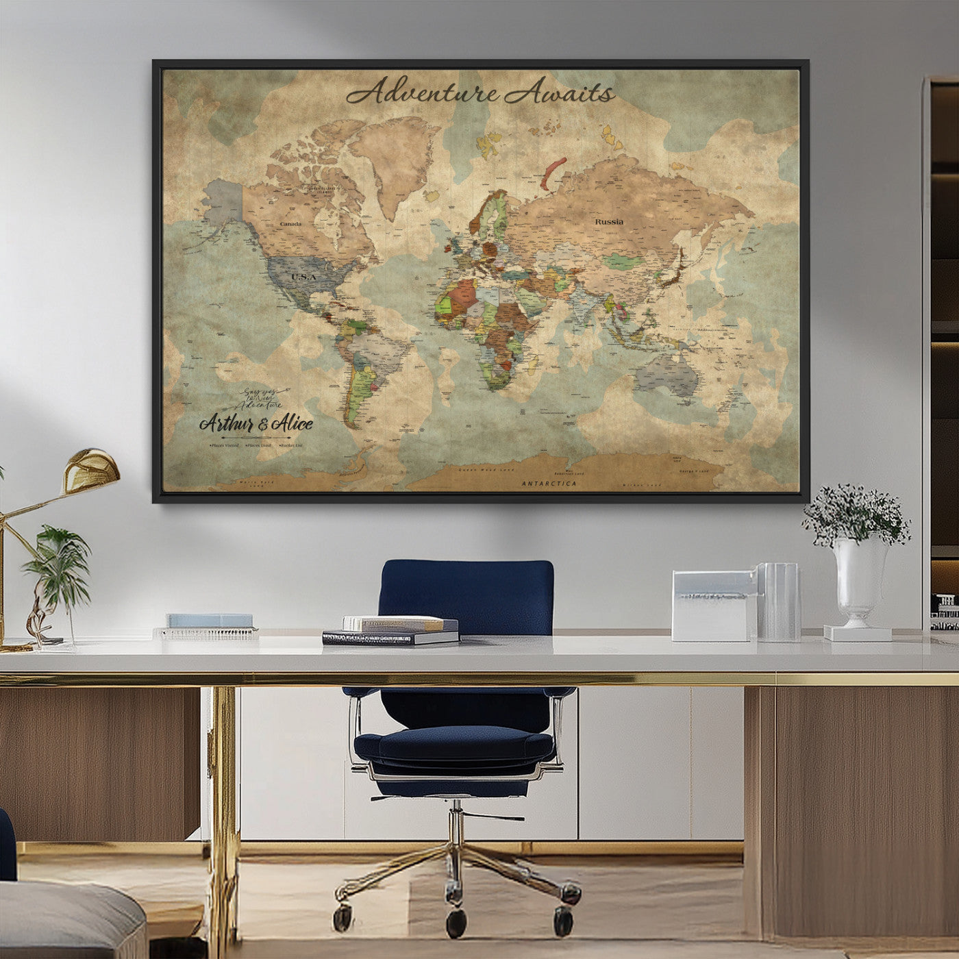 62500285-MGV-FC-36X24_Black-Personalized World Map Wall Art – Rustic Watercolor Adventure Awaits Travel Map with Custom Couple Names, Vintage Wall Decor for