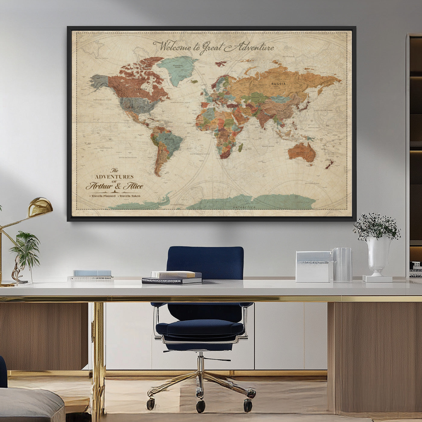 43497401-MGV-FC-36X24_Black-Personalized World Map Wall Art – Vintage Rustic Adventure Travel Map with Custom Couple Names, Welcome to Great Adventure Wall