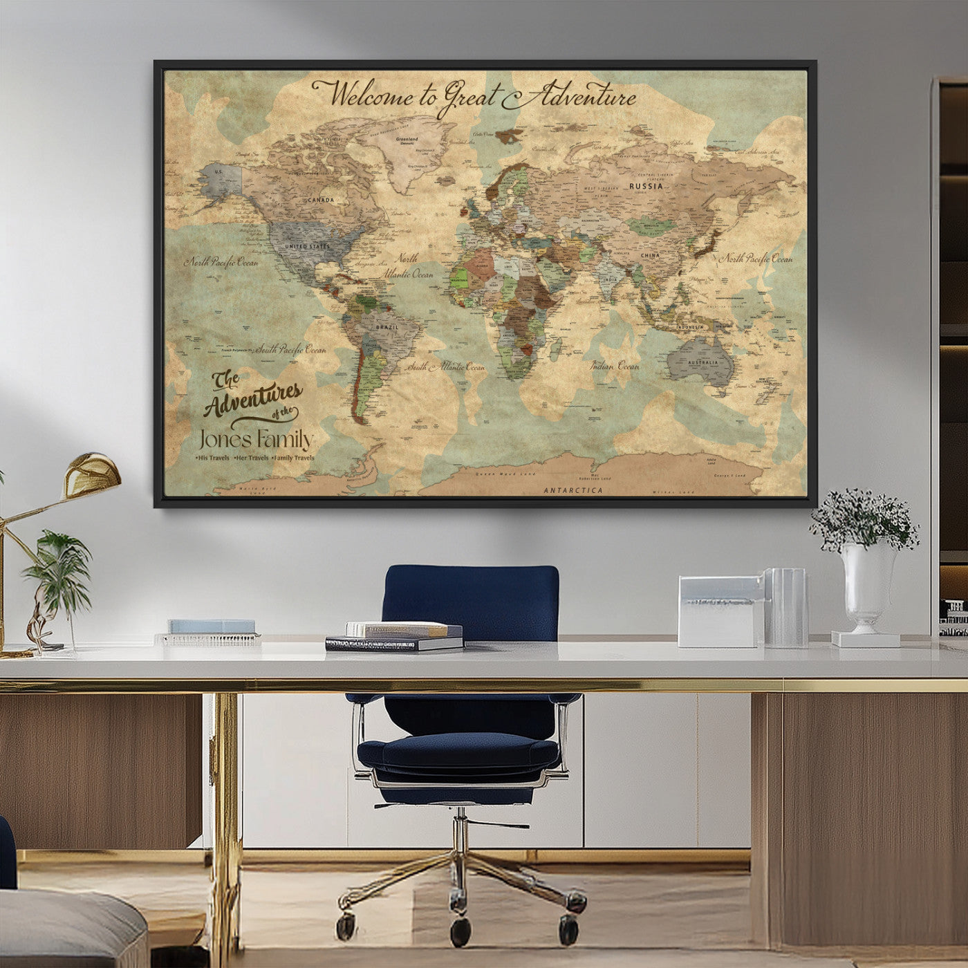 32019746-MGV-FC-36X24_Black-Personalized World Map Wall Art – Vintage Camo Adventure Travel Map with Custom Family Names, Rustic Wall Decor for Couples, Home