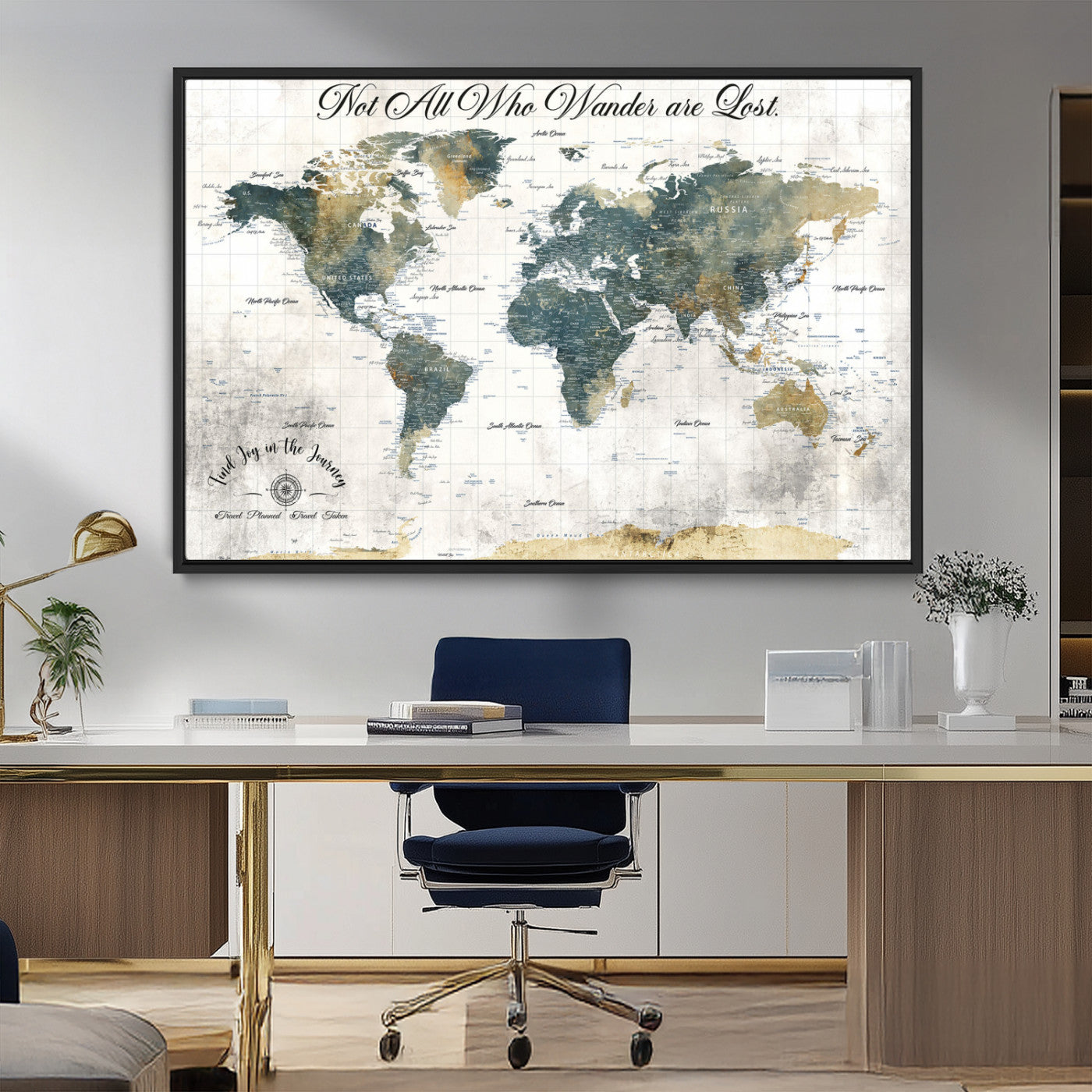 16233493-MGV-CV-36X24-Personalized World Map Wall Art – Rustic Blue Green Wanderlust Travel Map with Custom Couple Names, Vintage Wall Decor for Home