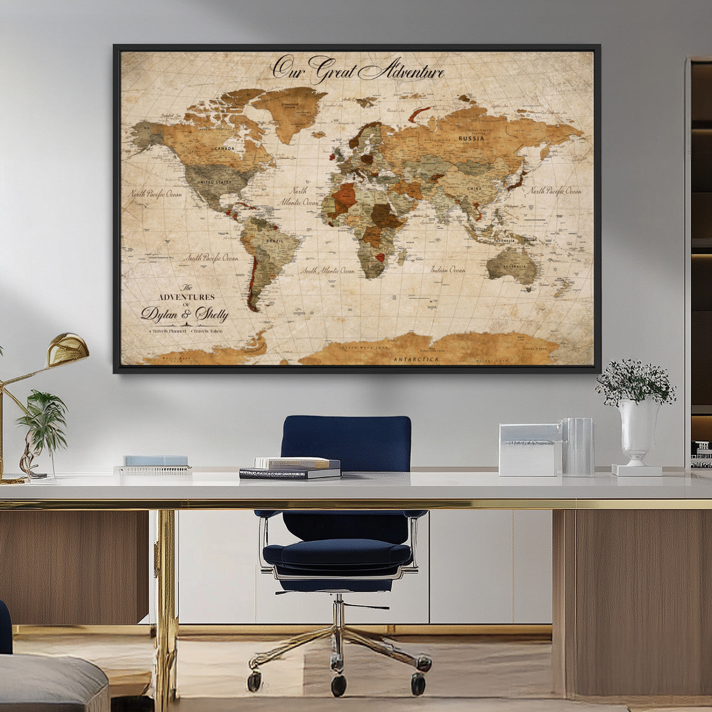 91961147-MGV-FC-36X24_Black-Personalized World Map Wall Art – Vintage Sepia Adventure Travel Map with Custom Couple Names, Rustic Wall Decor for Home, Couples