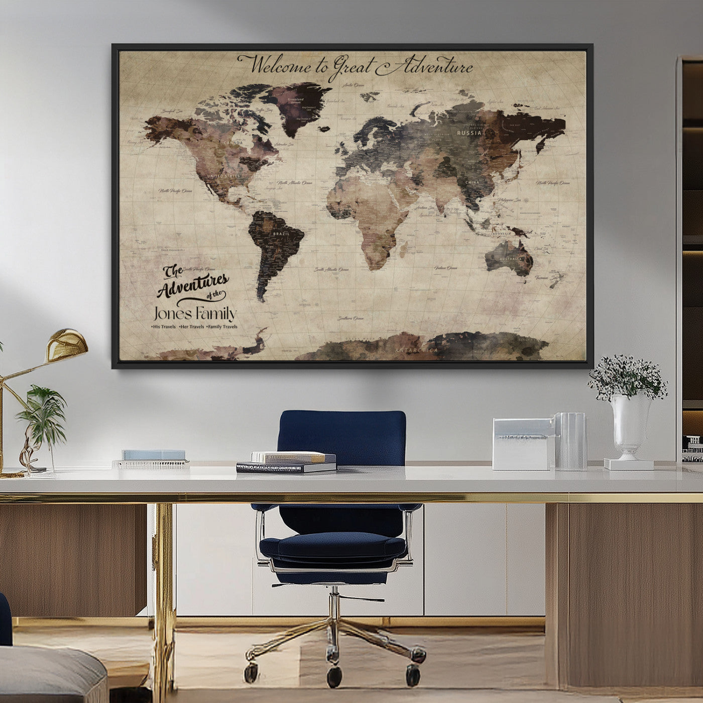 78610079-MGV-CV-36X24-Personalized World Map Wall Art – Vintage Rustic Travel Map with Custom Family Name, Adventure Wall Decor for Home, Family Gift or