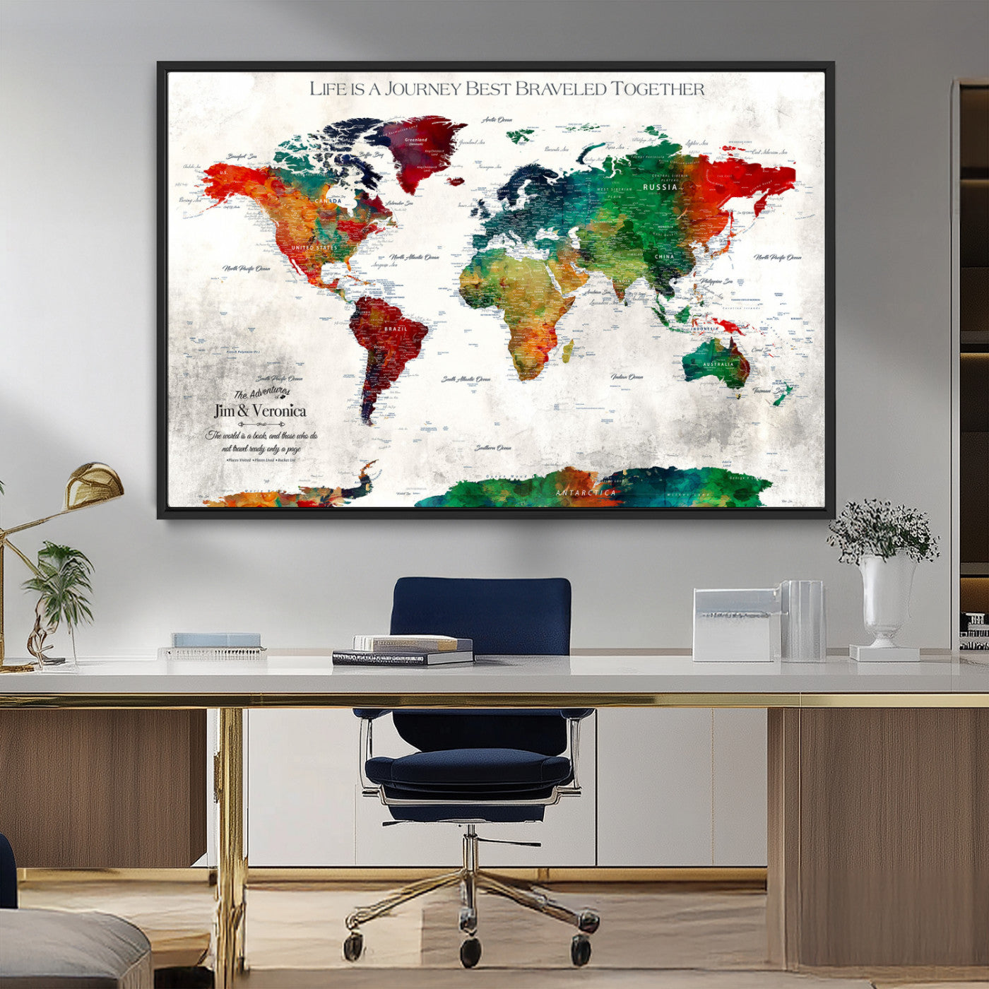 95876117-MGV-CV-36X24-Personalized World Map Wall Art – Colorful Watercolor Travel Map with Custom Names, Romantic Wall Decor for Couples, Wedding or