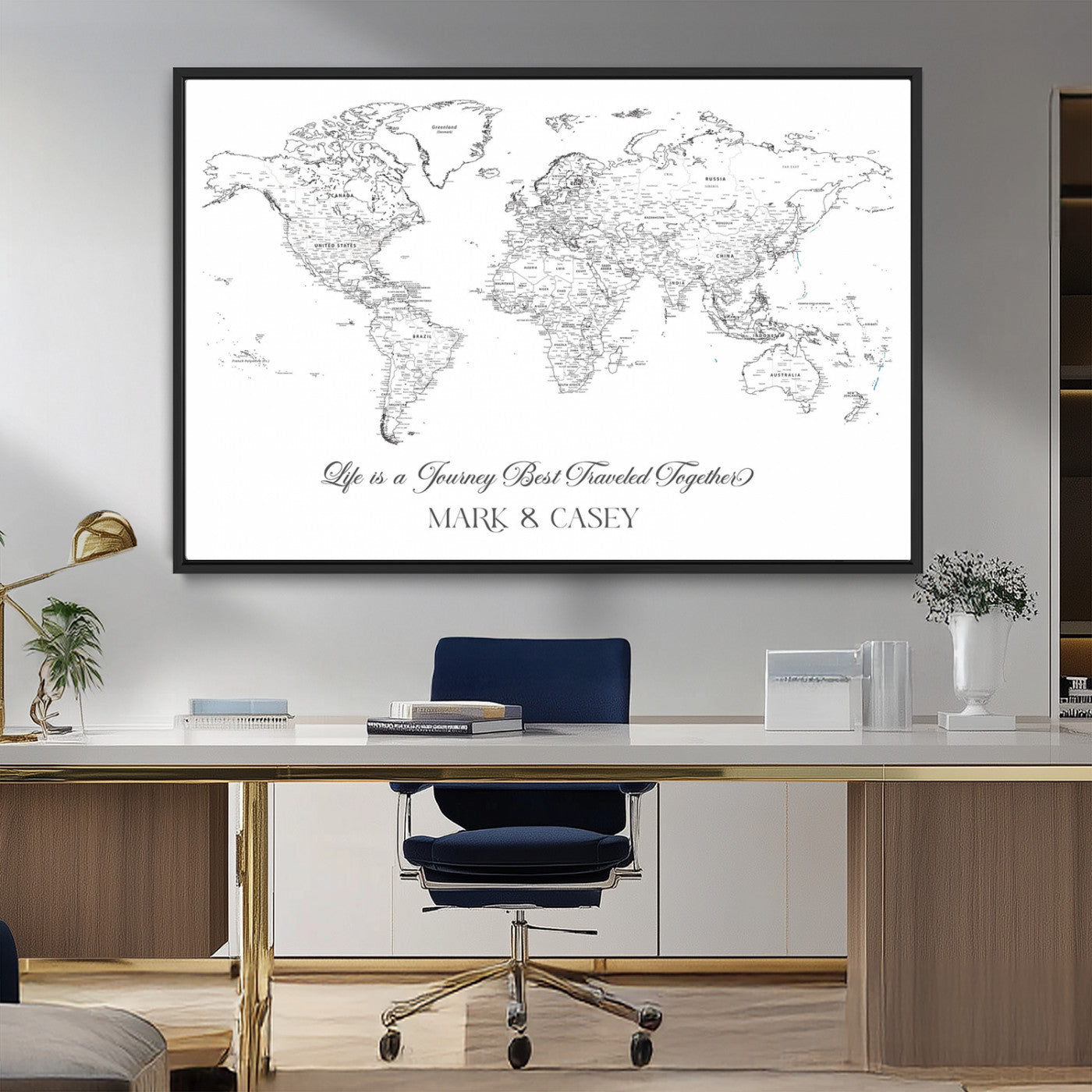 43438578-MGV-CV-36X24-Personalized World Map Wall Art – Black and White Minimal Travel Map with Custom Names, Elegant Wall Decor for Couples, Wedding or